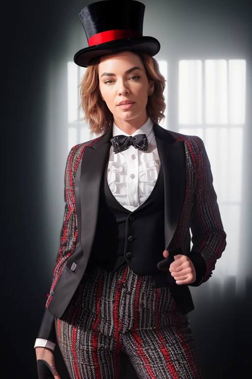 DEN_chloe_lamour,
(performing in a (circus:1.2) wearing a red and black (blazer:1.1) and white (shirt:1.1) and cream (trousers:1.1) and black bow tie and (top hat:1.1), ring leader, circus:1.1),
bokeh, f1.4, 40mm, photorealistic, raw, 8k, textured skin, skin pores, intricate details <lora:epi_noiseoffset2:1>, epiCRealism <lora:ClothingAdjuster3:-1.3>