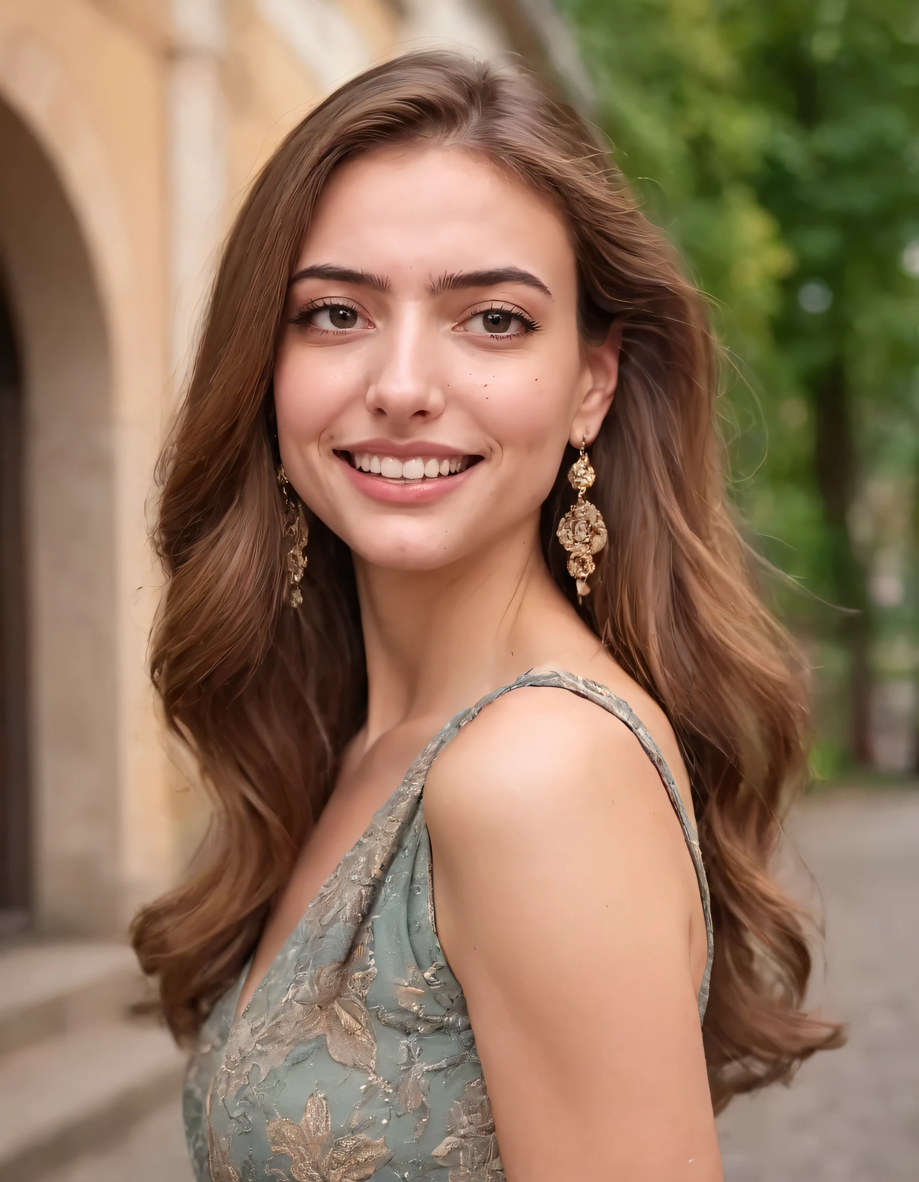 In this vivid scene, a talented photographer captures an enchanting portrait of a female clad in stylish attire at the serene Gabschase location, as she gazes with her expressive eyes and charming smile, revealing her slight mole and graceful long brown hair, while adorning elegant earrings that add a touch of sophistication to this unforgettable moment. gabschase <lora:nnrlsi18e8f2fb849o16:1>