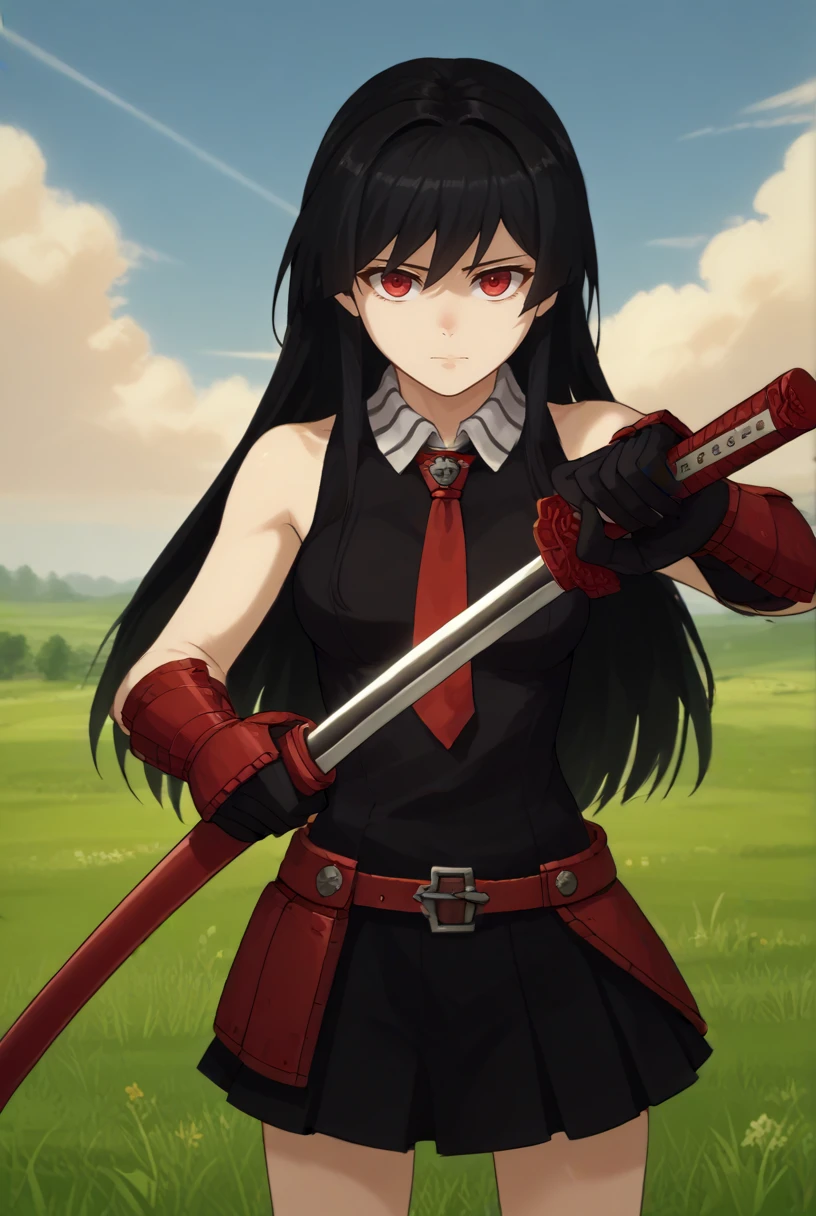 score_9, score_8_up, score_7_up, source_anime, 1girl, looking at viewer, cowboy shot,
<lora:AkamePdxlDwnsty-000007:1>, red eyes, long hair, black hair, black dress, sleeveless, pleated skirt, black shirt, necktie, gauntlets, red belt, IncrsUnsheathingAKatanaMeme, sheath, holding sheath, 
medium breasts, 
grass, medieval, cloudy sky, sunlight, red aura,  <lora:KagurabachiPose_XLPD:1>