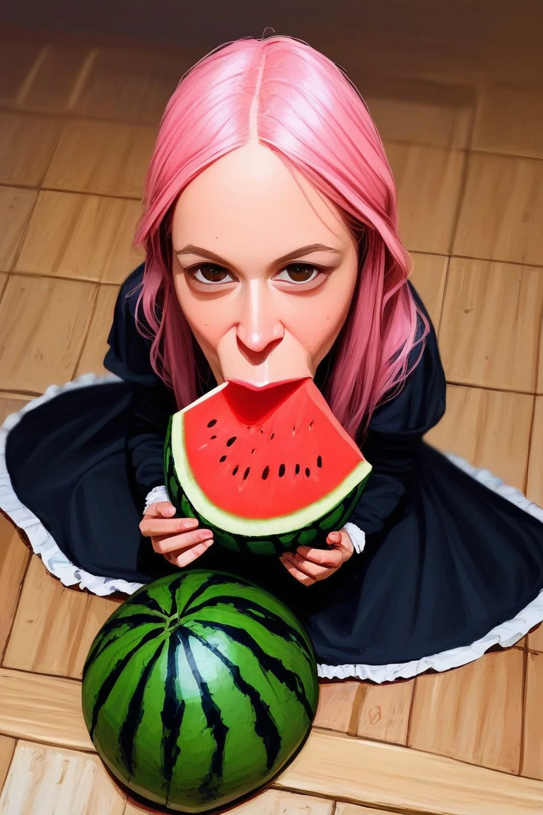 score_9, score_8_up, score_7_up, rating_safe BREAK
1girl, :t, looking at viewer, long hair, pink hair, brown eyes, black dress, maid dress, flat chest, sitting, on floor, eating, watermelon, from above, kitchen <lora:alb3nizrodrigu3zv1PonySDXL:1> alb3nizrodrigu3z