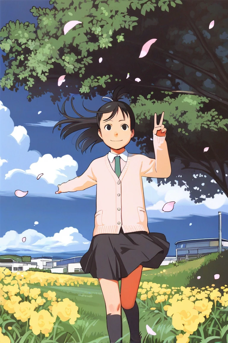 score_9, score_8_up, score_7_up, source_anime, rating_safe BREAK
1girl, solo, smile, flower, black hair, skirt, outdoors, ponytail, sky, cherry blossoms, day, school uniform, cardigan, necktie, tree, cloud, grass, black eyes, socks, black skirt, wind, blue sky, black socks, walking, long sleeves, shirt, collared shirt, petals, v, cowboy shot, close-up