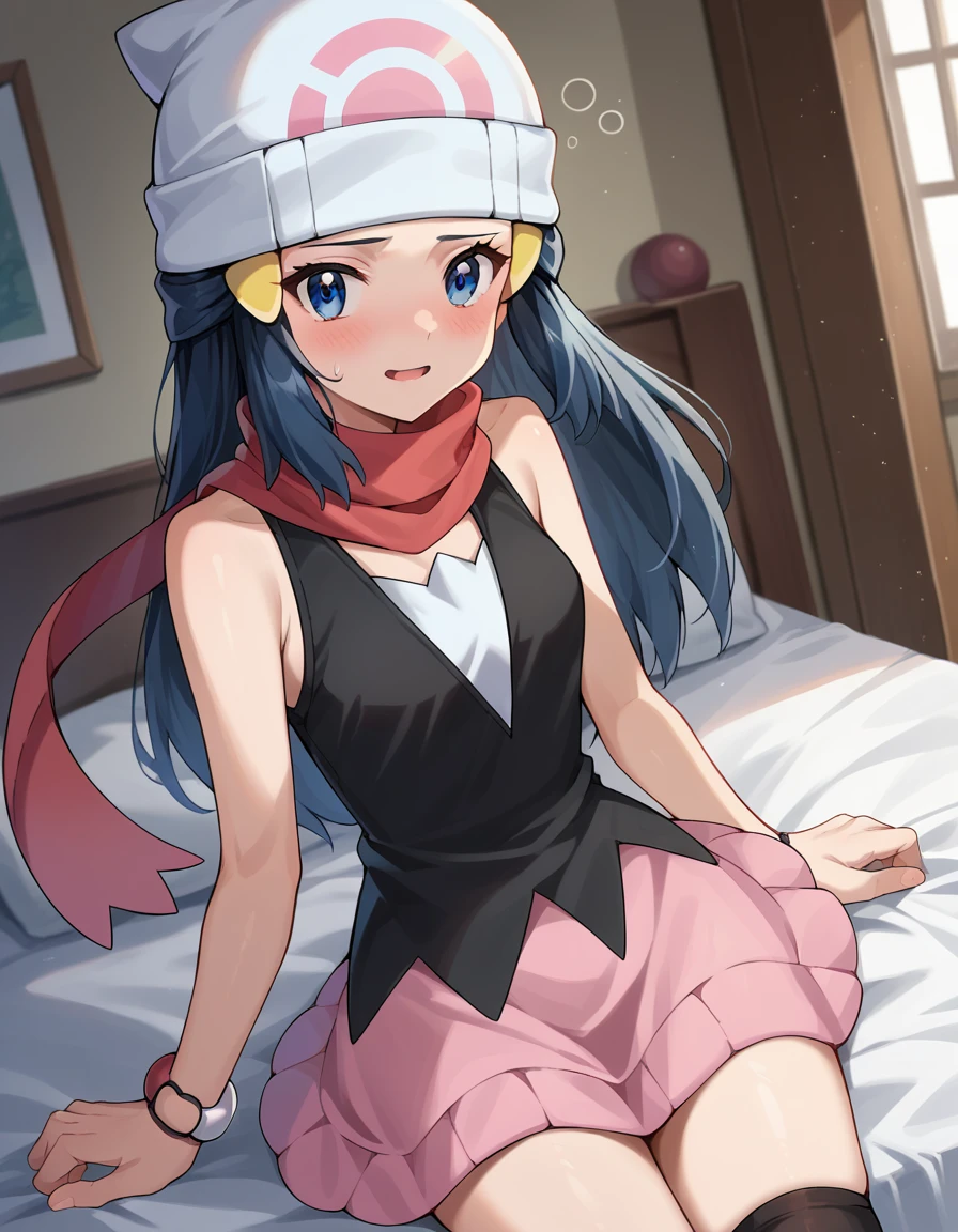 score_9, score_8_up, score_7_up, source_anime,
pokemondawn, <lora:pokemon-dawn-ponyxl-lora-nochekaiser:1>
pokemon dawn, black hair, blue eyes, sidelocks, long hair,
bare shoulders, beanie, black shirt, black socks, bracelet, hat, jewelry, kneehighs, miniskirt, pink skirt, red scarf, scarf, shirt, skirt, sleeveless, sleeveless shirt, white headwear,
indoors, bed, bed room, on side, blush, drunk,
looking at viewer, cowboy shot, dutch angle,