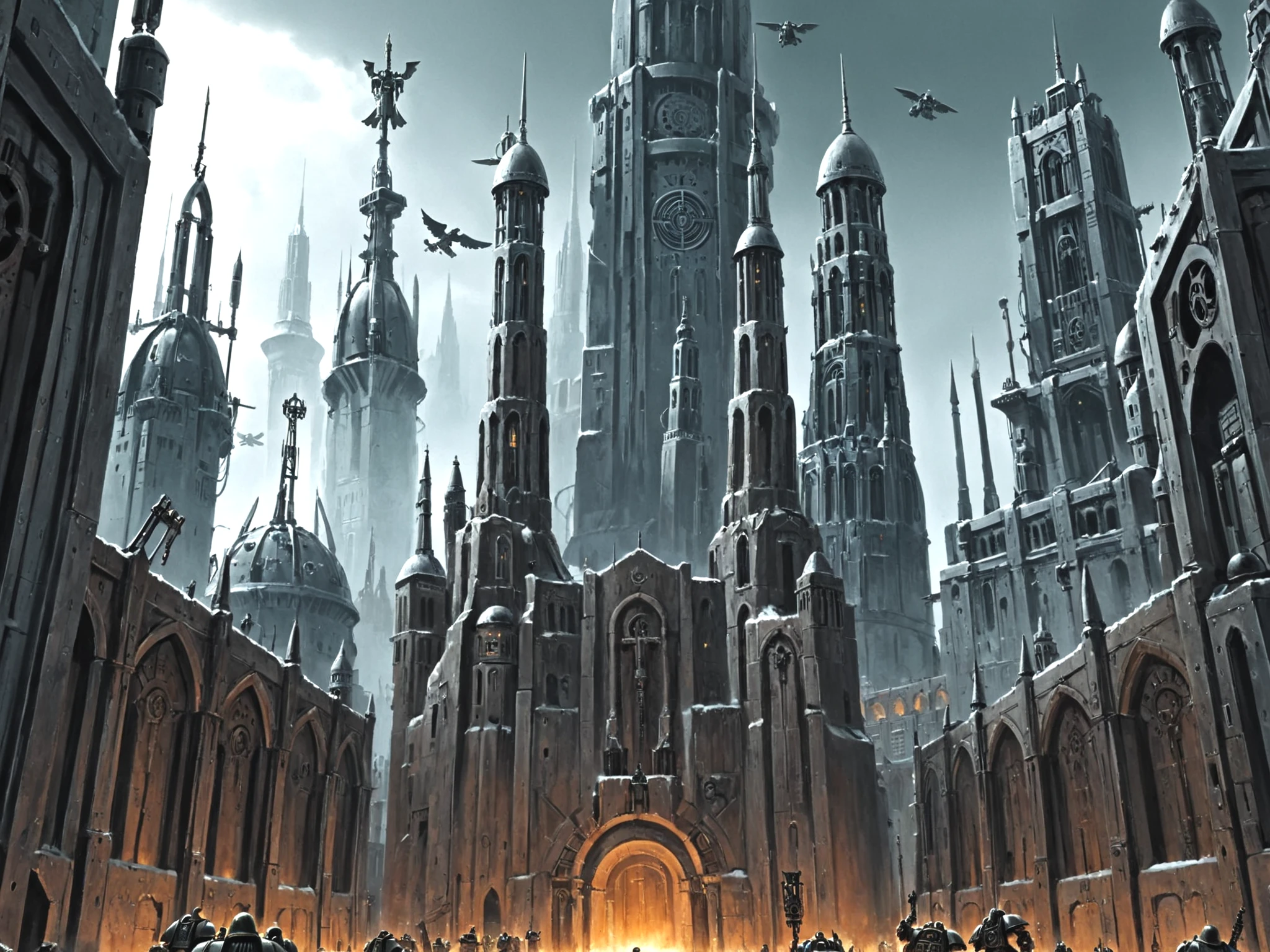 ((Warhammer 40k)), Warhammer 40000 style, Warhammer 40k architecture, Warhammer 40k aesthetics, Hive city, enormous buildings, spires, towers reach high into the sky, often stretching for miles both upwards downwards. These structures typically made from a mix of industrial metals, concrete, other durable materials, creating labyrinthine maze of corridors, hab-blocks, manufacturing facilities. Gothic aesthetic, large buildings of metal or stone, intricate carvings, gargoyles, flying buttresses, ornate details, grand imposing appearance. Grimy, Dilapidated, Crowded, Gritty, Dystopian, Decaying, Vertical, Chaotic, Overcrowded, Urban, Squalid, Brutalistic, Oppressive, Dark., <lora:Wolvie_Concept_wh40k10m_v1.0:1> wh40k10m, symbolism, statue, Imperium of Man location, Adeptus Astartes, Adeptus Mechanicus, statue of Emperor-God of Man, (low quality, worst quality, bad quality, lowres:1.2), bad photo, bad art, oversaturated, watermark, username, signature, text, error, cropped, jpeg artifacts, autograph, trademark, (canvas frame, canvas border, out of frame:1.2),