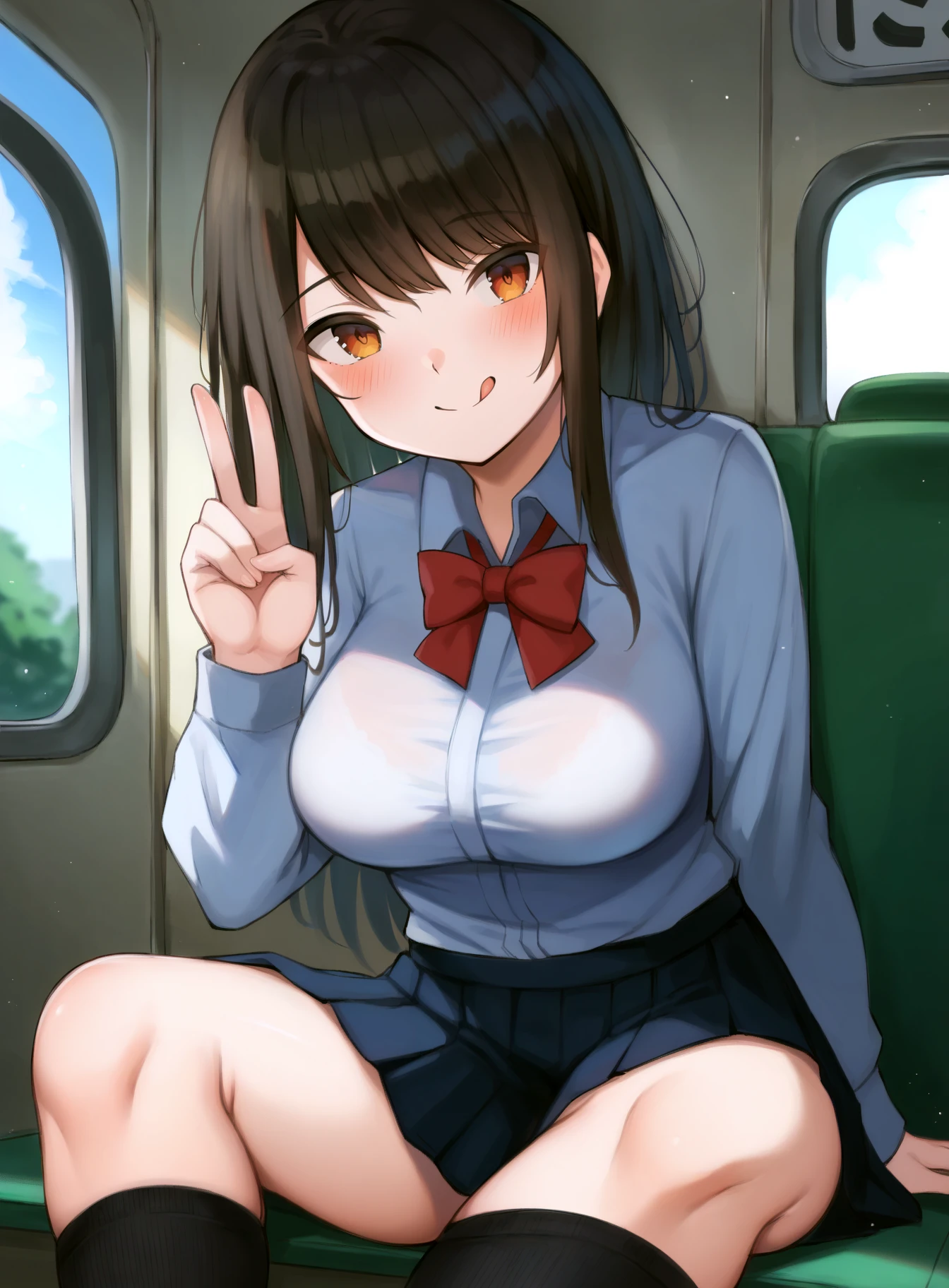 score_9, score_8_up, score_7_up, score_6_up, score_5_up, score_4_up,
gradient background,
refraction, caustics, rim lights, backlighting, bloom, gradient background, train interior,
BREAK
source_anime, sky, sunlight, sunbeam, clouds, light particles, particle effects,
BREAK
1girl, solo, long hair, bangs, black hair, brown eyes, messy hair,
closed mouth, smile, blush, tongue. :p,
large breasts,
school uniform, collared shirt, white shirt, long sleeves, red bow, red bowtie, black skirt,
pleated skirt, shirt tucked in, kneehighs, black socks,
looking at viewer, sitting, hand up, v, 5 fingers,
<lora:Camonome-v1-PDXL:1>