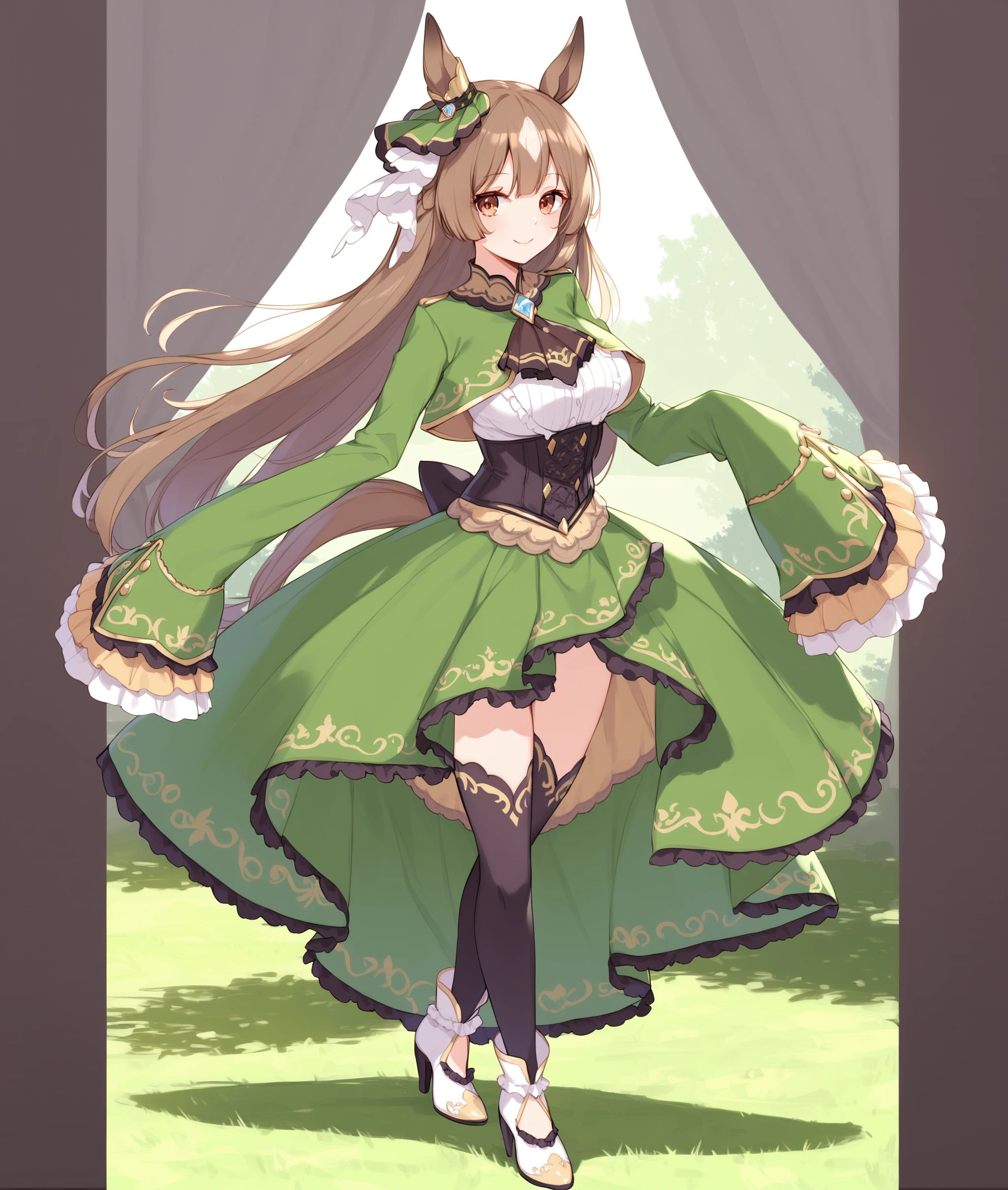 score_9, score_8_up, score_7_up BREAK
(grassland, racing),
shobufuku, 1girl, solo, long hair, breasts, smile, bangs, skirt, brown hair, shirt, thighhighs, (long sleeves), dress, animal ears, brown eyes, very long hair, closed mouth, standing, jacket, tail, full body, white shirt, braid, frills, black thighhighs, high heels, sleeves past wrists, ascot, white footwear, horse ears, frilled sleeves, horse girl, green skirt, corset, horse tail, sleeves past fingers, cropped jacket, green dress, green jacket, ear ornament,
<lora:Satouno Diamond-ponyXL_V1:0.8>,