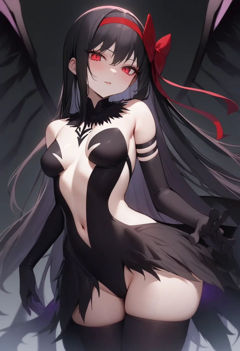 masterpiece,best quality,very aesthetic,absurdres,<lora:magica_2girl:1>,akuma_homura,akuma_homuraï¼red_eyes,bare_shoulders,black_gloves,choker,dark_persona,elbow_gloves,thighhighs,wings