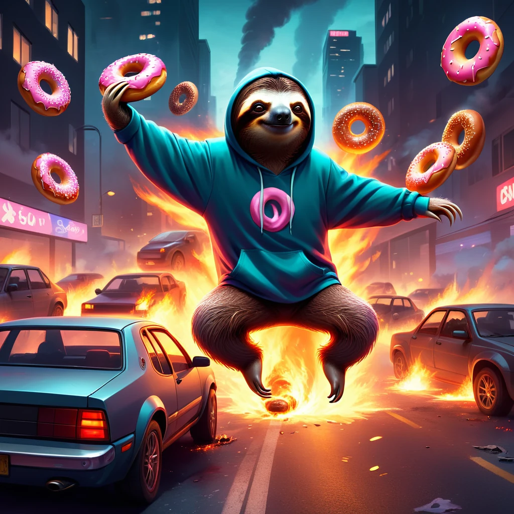 concept art <lora:sl0th-000007:0.7> , sloth wearing hoodie, throwing donuts, riot in city, burning cars, at night, dramatic lighting, digital artwork, illustrative, painterly, matte painting, highly detailed
