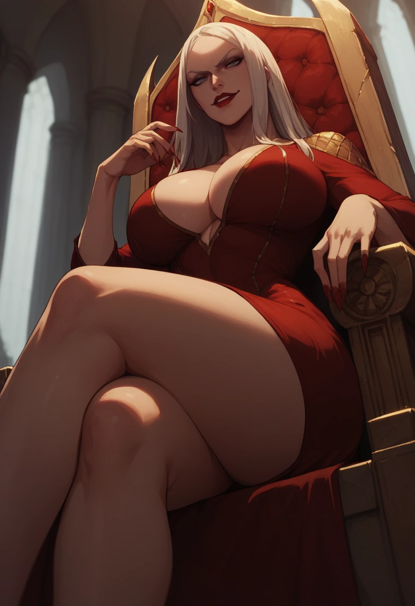 score_9, score_8_up, score_7_up, 1girl,cowboy shot, solo, karmilla, <lora:CarmillaPonyXL:0.8>, long hair, cleavage, huge breasts, pauldrons, red lips, red dress, sitting on throne, crossed legs, smirk, red nails, fingernails, from below,