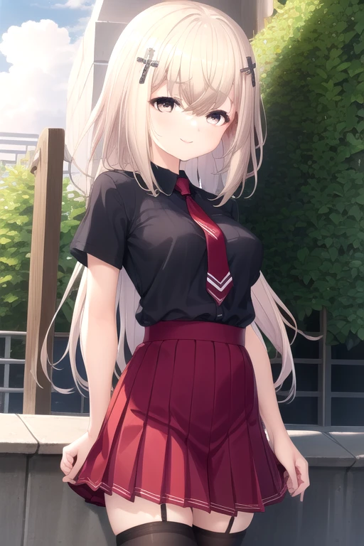 ((masterpiece)),(best quality),official art,extremely detailed CG,unity 8k wallpaper,ultra detailed,beautiful detailed eyes,extremely detailed face,outdoors,1girl,solo,cowboy shot,looking at viewer,facing viewer,(petite:1.3),smile,Tier Fallentite,long hair,blonde hair,cross hair ornament,hair intakes,hair between eyes,bangs,brown eyes,school uniform,black shirt,collared shirt,red necktie,puffy short sleeves,shirt tucked in,large breasts,red skirt,pleated skirt,black thighhighs,lace-trimmed legwear,loafers,<lora:Tier Fallentite(hsr)>,