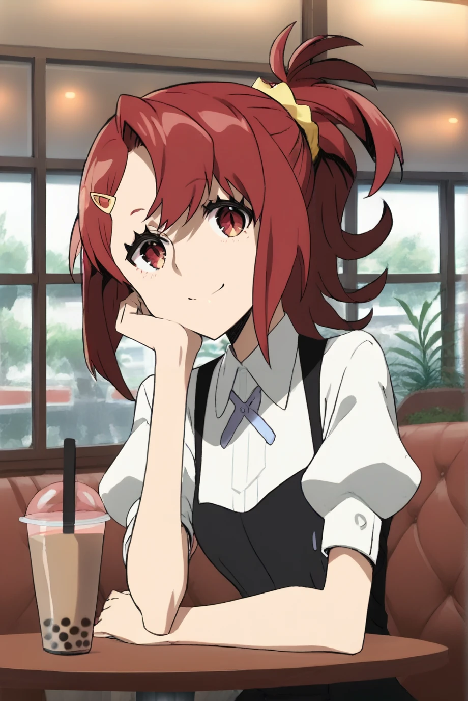 score_9, score_8_up, score_7_up, score_6_up, score_5_up, score_4_up, BREAK source_anime, 1girl,
<lora:ChidoriTakashiroXL-v1-03:1>, ChopioChidoriTakashiro, red hair, medium hair, shiny hair, ponytail, asymmetrical bangs, hairclip, red eyes, hair scrunchie, (looking at viewer:1.3),
outfit_1, short black dress, white shirt, neck ribbon, puffy short sleeves,
cafe, window, potted plant, table, bubble tea, head rest,
sitting, smile,