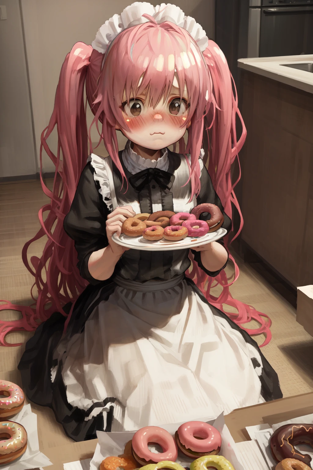 (masterpiece, best quality:1.2),
1girl, (puffy cheeks:1.4), (:3, surprised, full-face blush:1.2), looking at viewer, long hair, pink hair, brown eyes BREAK
maid dress, sitting, on floor, seiza
BREAK from above, (eating, holding food, donuts), food, plate stack, food on face, kitchen