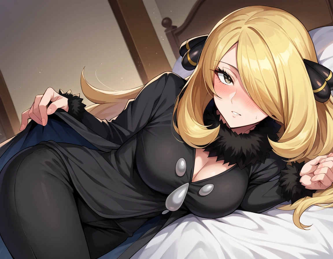 score_9, score_8_up, score_7_up, source_anime,
pokemoncynthia, <lora:pokemon-cynthia-ponyxl-lora-nochekaiser:1>
pokemoncynthia, blonde hair, hair ornament, hair over one eye, long hair, yellow eyes,
black coat, black pants, black shirt, coat, fur collar, fur trim, fur-trimmed sleeves, pants, shirt,
indoors, bed, bed room, on side, blush, drunk,
looking at viewer, cowboy shot, dutch angle,