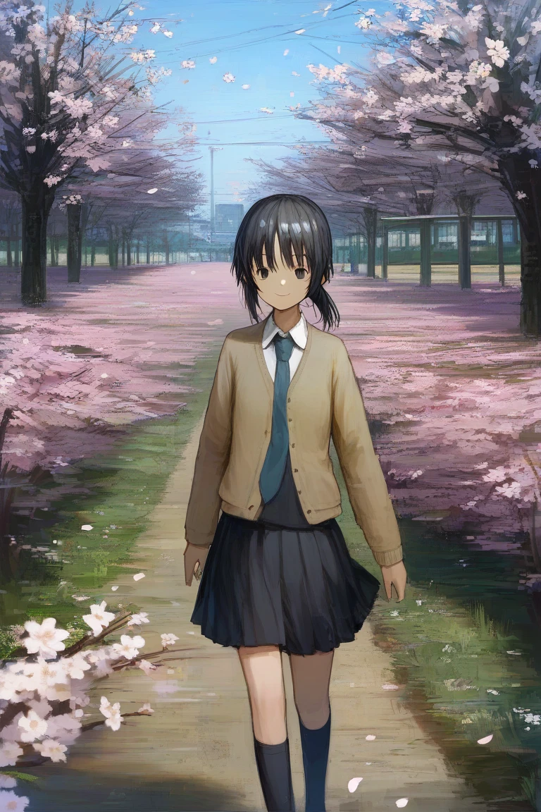 score_9, score_8_up, score_7_up, source_anime, rating_safe BREAK
1girl, solo, smile, flower, black hair, skirt, outdoors, ponytail, cherry blossoms, day, school uniform, cardigan, necktie, tree, grass, black eyes, socks, black skirt, wind, blue sky, black socks, walking, long sleeves, shirt, collared shirt, petals, v, cowboy shot, (close-up:1.2)