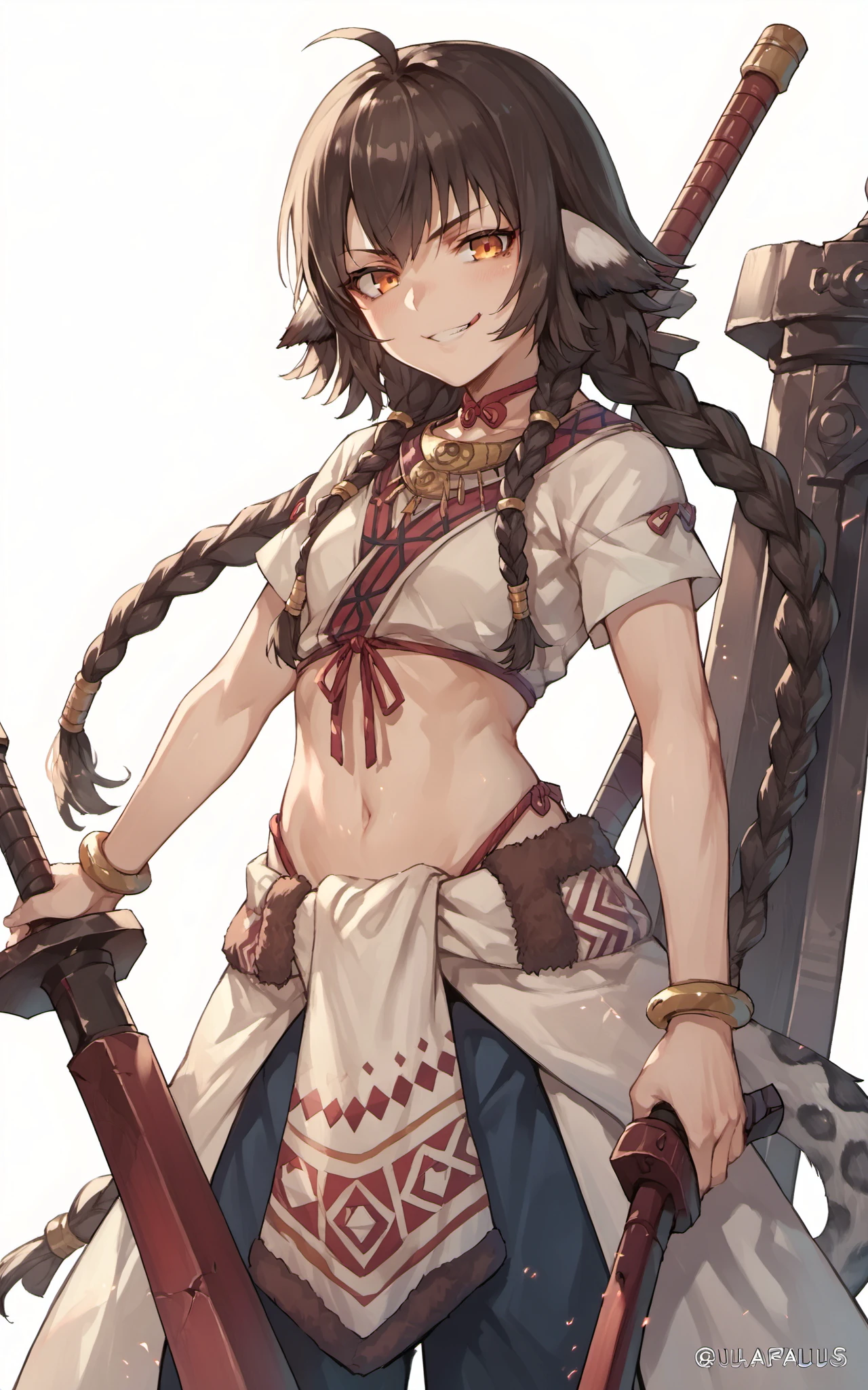 score_9,score_8_up,score_7_up,score_6_up,score_5_up,score_4_up,source_anime,1girl,<lora:anjuutawarerumono_pony:0.8>,anju \(utawarerumono\),anju_battle,standing,naughty face,weapon,