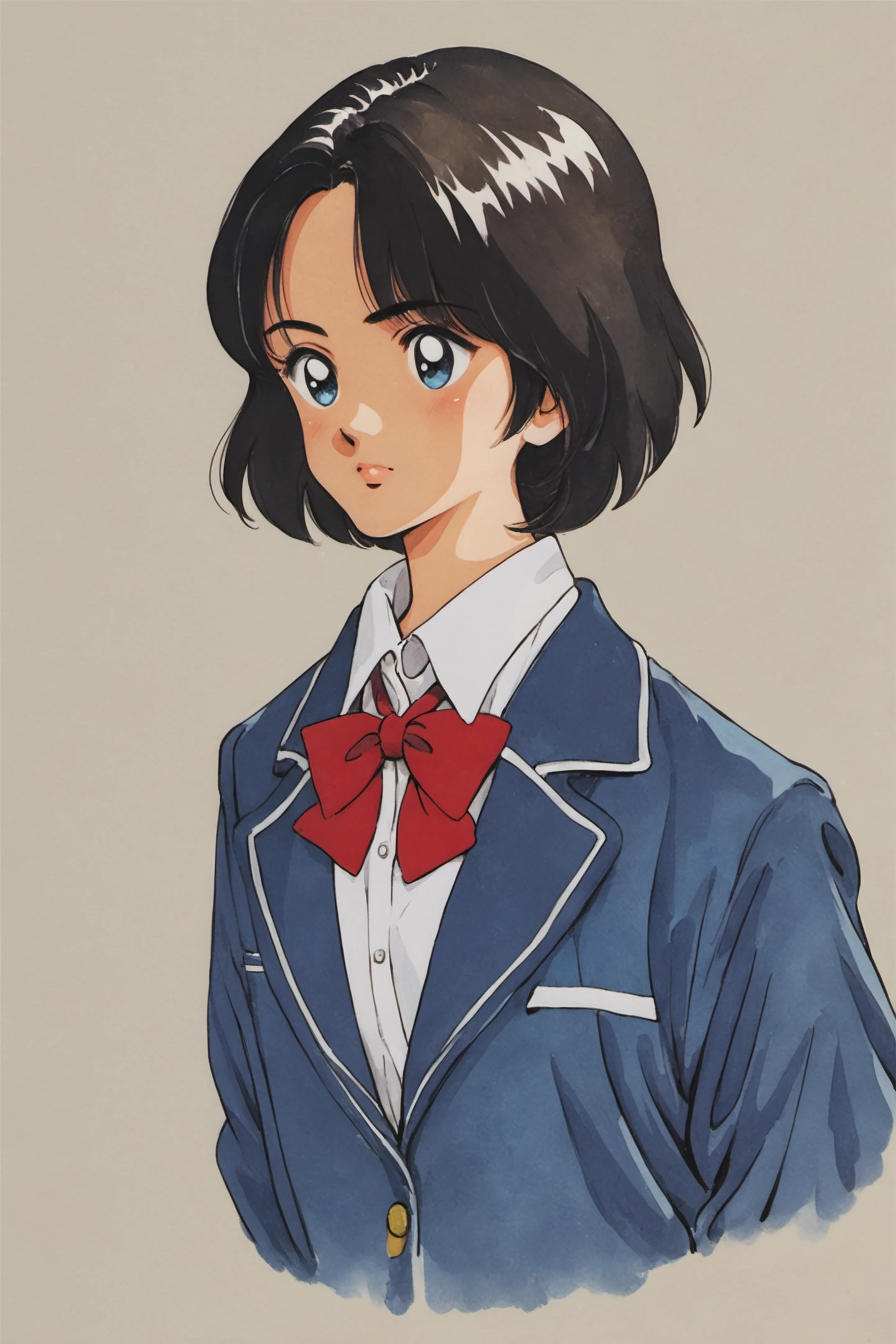 1girl,solo,black hair,short hair,bow,shirt,red bow,white shirt,jacket,long sleeves,bowtie,red bowtie,upper body,collared shirt,school uniform,blue jacket,skirt,traditional media,score_9,score_8_up,<lora:Adachi_XL_PONY:0.9>,