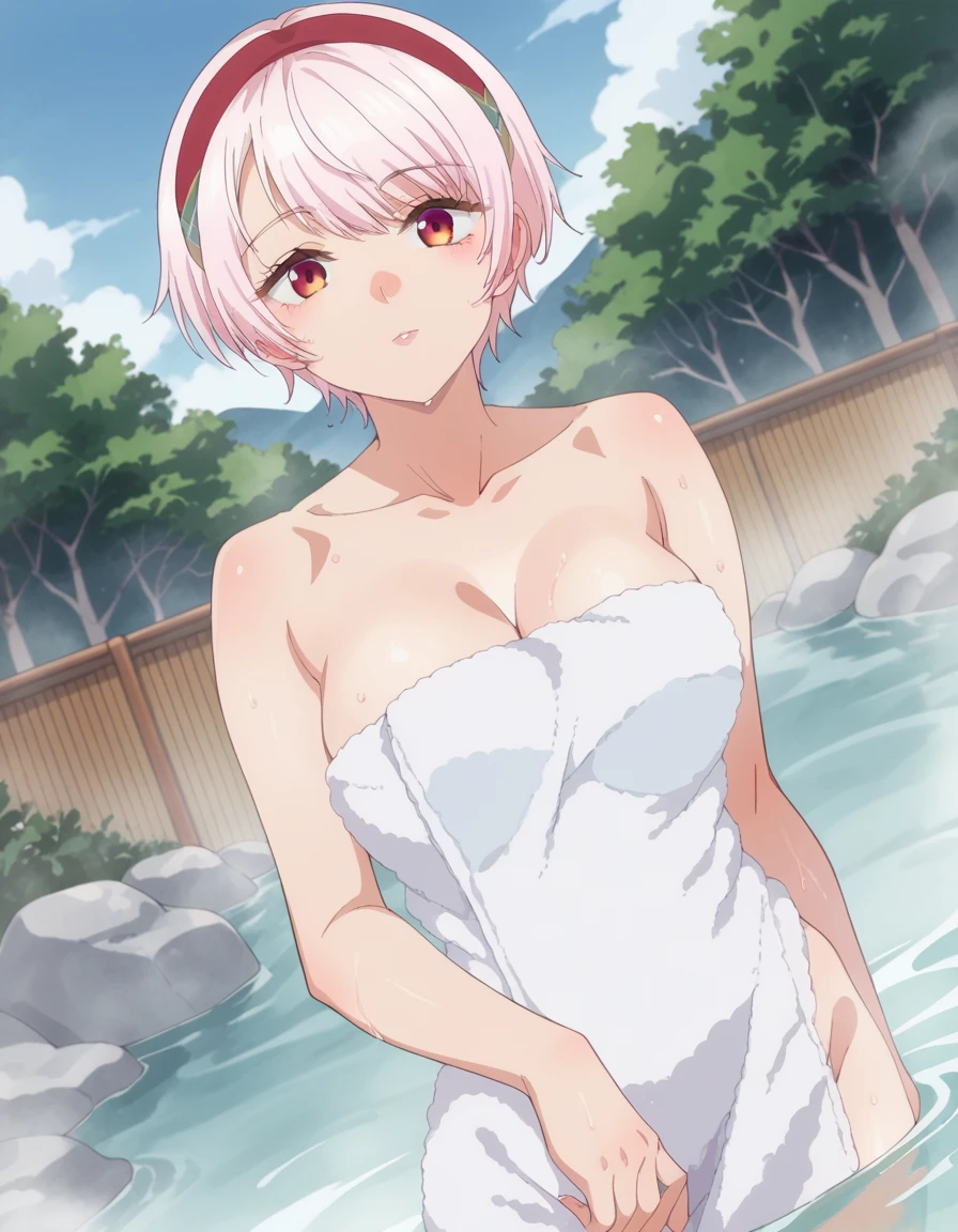 score_9, score_8_up, score_7_up, source_anime,
renanatsukawa, <lora:rena-natsukawa-ponyxl-lora-nochekaiser:1>
rena natsukawa, short hair, hairband, pink hair, red eyes, red hairband,
nude, naked, 
outdoors, onsen, towel, naked towel, steam, bathing, nude cover, partially submerged, water, bath, steam censor, wet towel,
looking at viewer, cowboy shot, dutch angle,