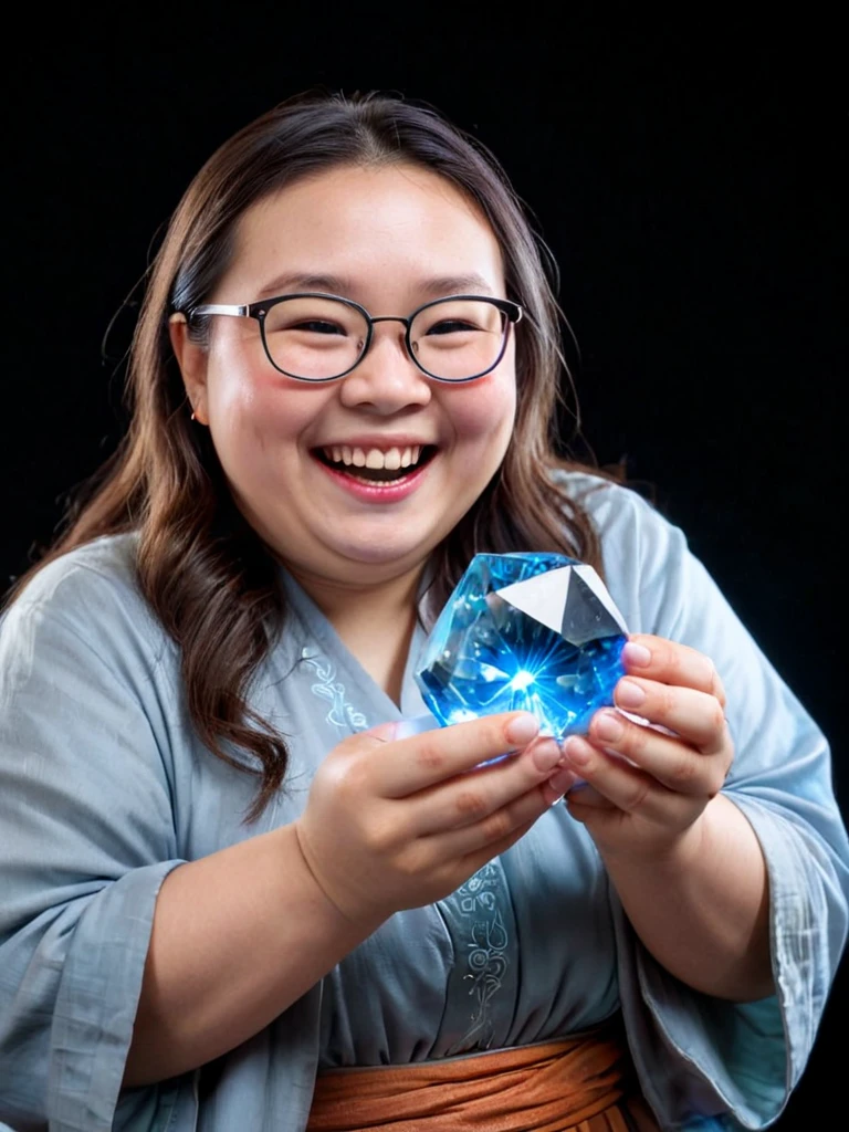 indoors. happy laughing solo plump cute chinese nerd sorcereress female focus , older, holding a glowing blue magic crystal, dark black background
<lora:Natural_Bodies-v1e4:0.75>