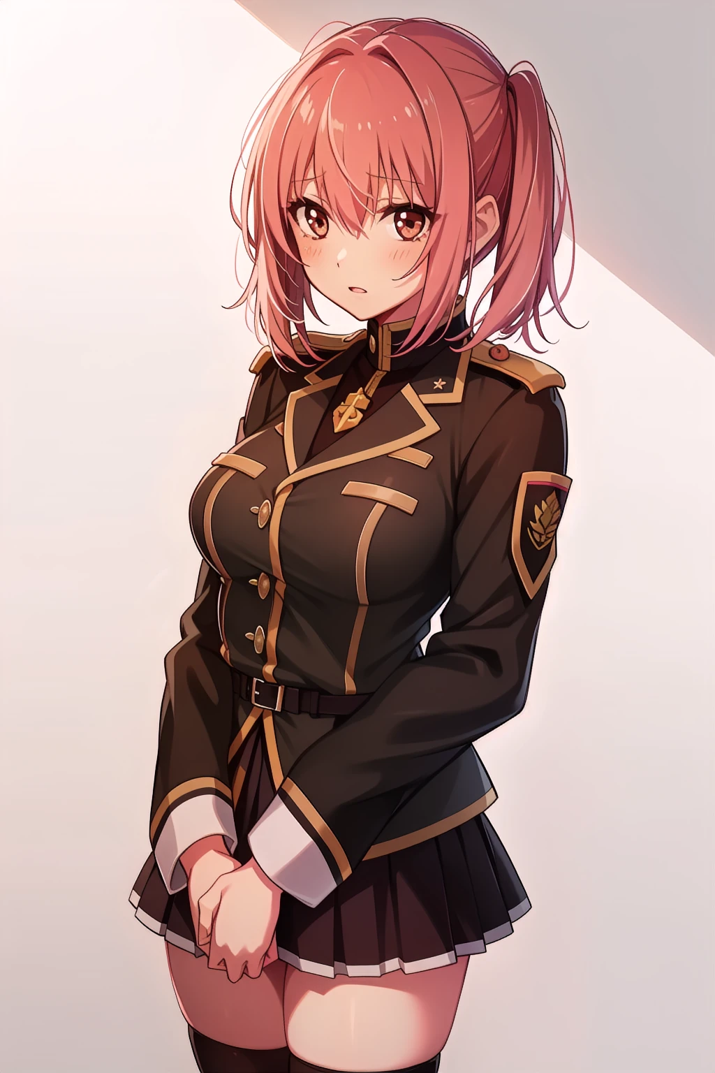 masterpiece, best quality, absurdres, <lora:GoodHands-vanilla:1>, <lora:epiNoiseoffset_v2Pynoise:1>, <lora:flat2:0.3>, <lora:iizuka_minori_v1:0.7> iizuka_minori, 1girl, brown eyes, hair between eyes, pink hair, medium hair, short twintails, bangs, hair intakes, large breasts, military, military uniform, jacket, black jacket, black skirt, miniskirt looking at viewer,