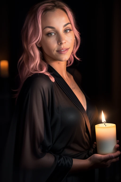 Alissa White-Gluz in a candlelight sect completely naked and smiling
