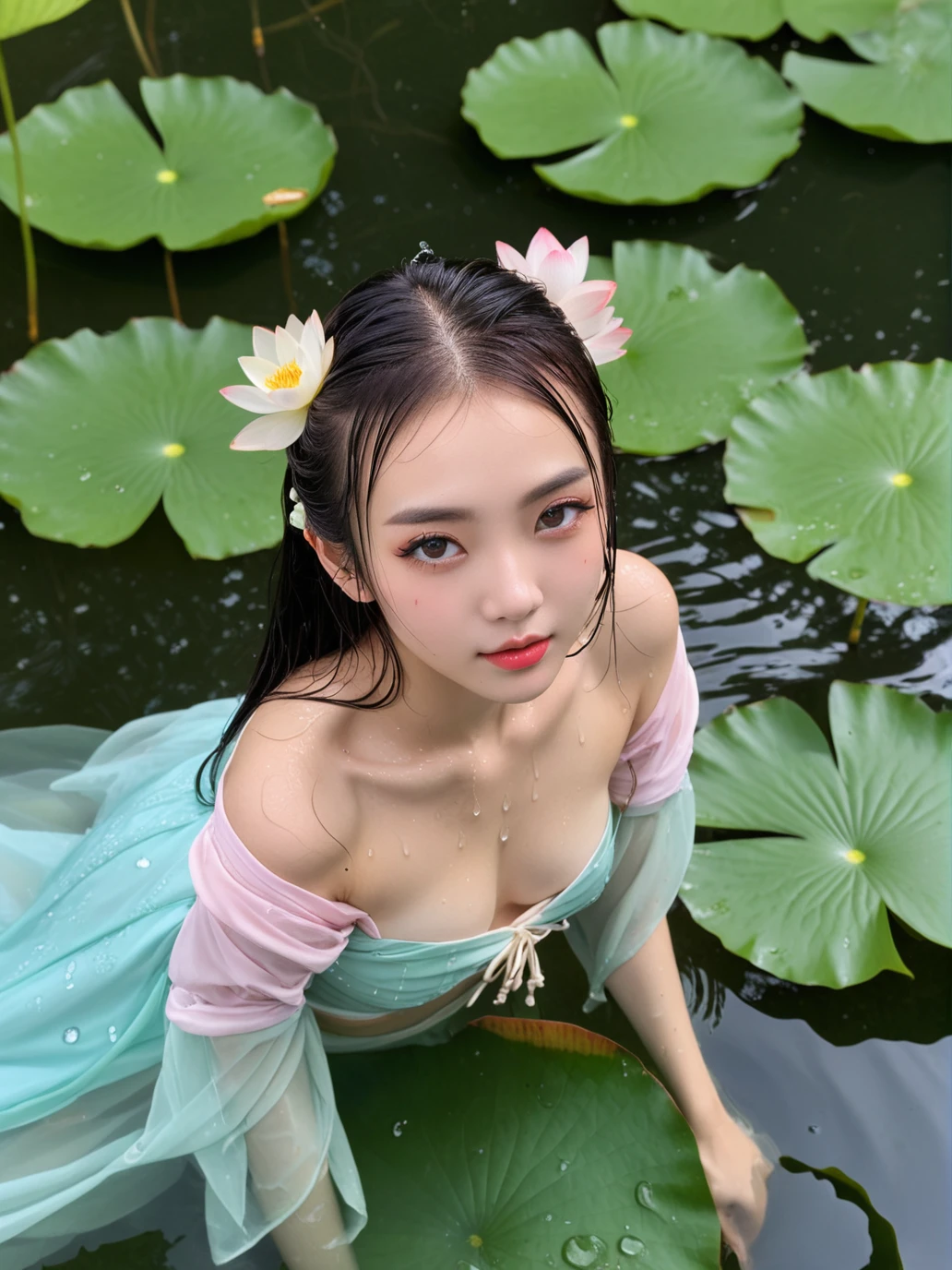 a 18 y.o chinese,sexy hanfu,(highly clear face,very cute,Extremely cure beauty,Sexy self-confidence,proud and independent,Clear perfect eyes,phenomenal aesthetic,Amazing photos),cinematic_angle,((water drops)),wet clothes,((beautiful detailed water)),((floating)),dynamic angle,skinny,unbuttoned clothes,lotus leaf,lotus,medium breasts,((real human with perfect anatomy)),head out of the water,