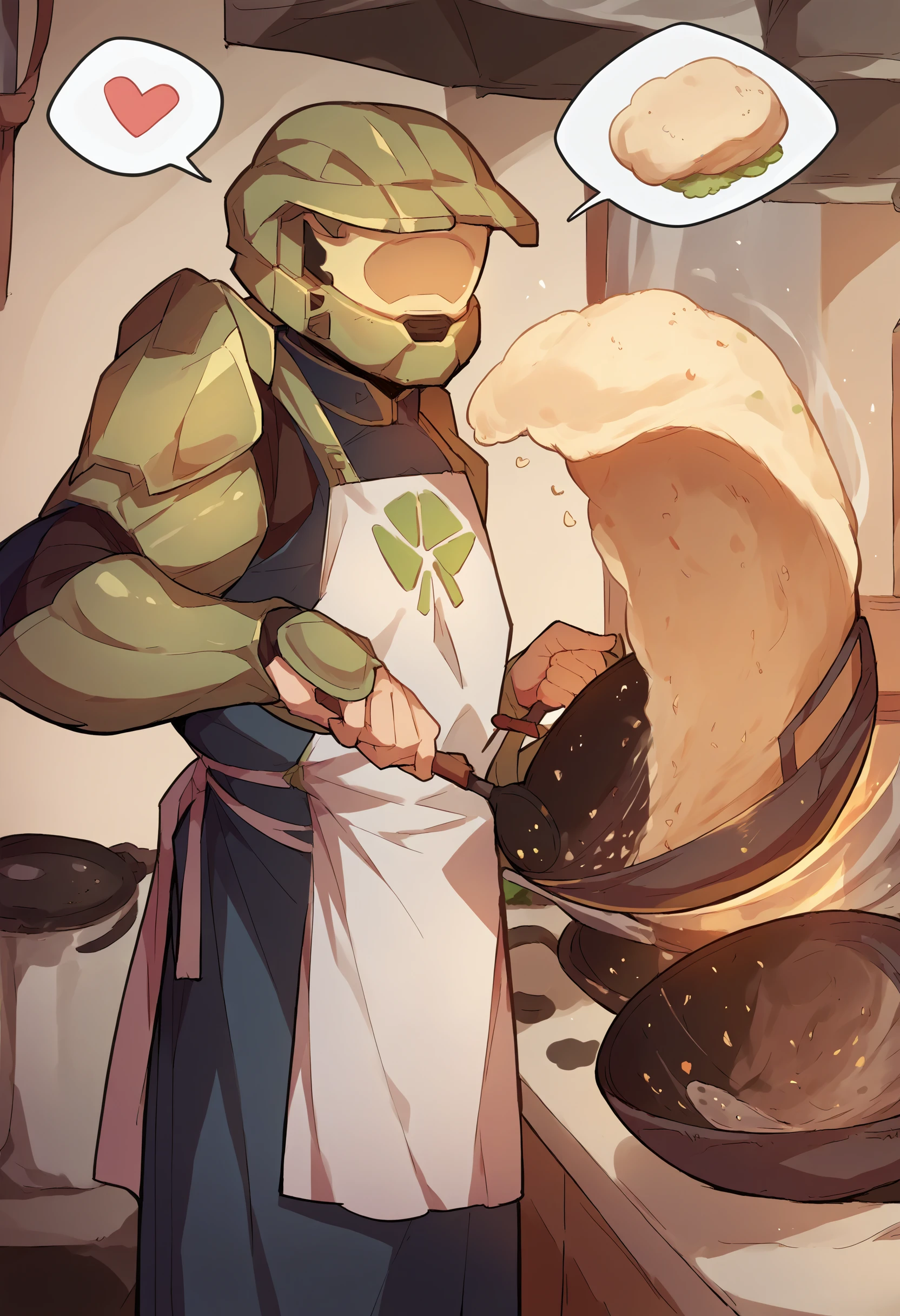 score_9, score_8_up, score_7_up, source_anime, 1boy, incrsfriedriceprankmeme, food, frying pan, holding, kitchen, <lora:FriedRicePrankMeme_XLPD:1>, apron, <lora:masterchief-halo-richy-v1_pdxl:1> masterchief, helmet, visor, armor, heart, spoken heart, heart hair ornament,