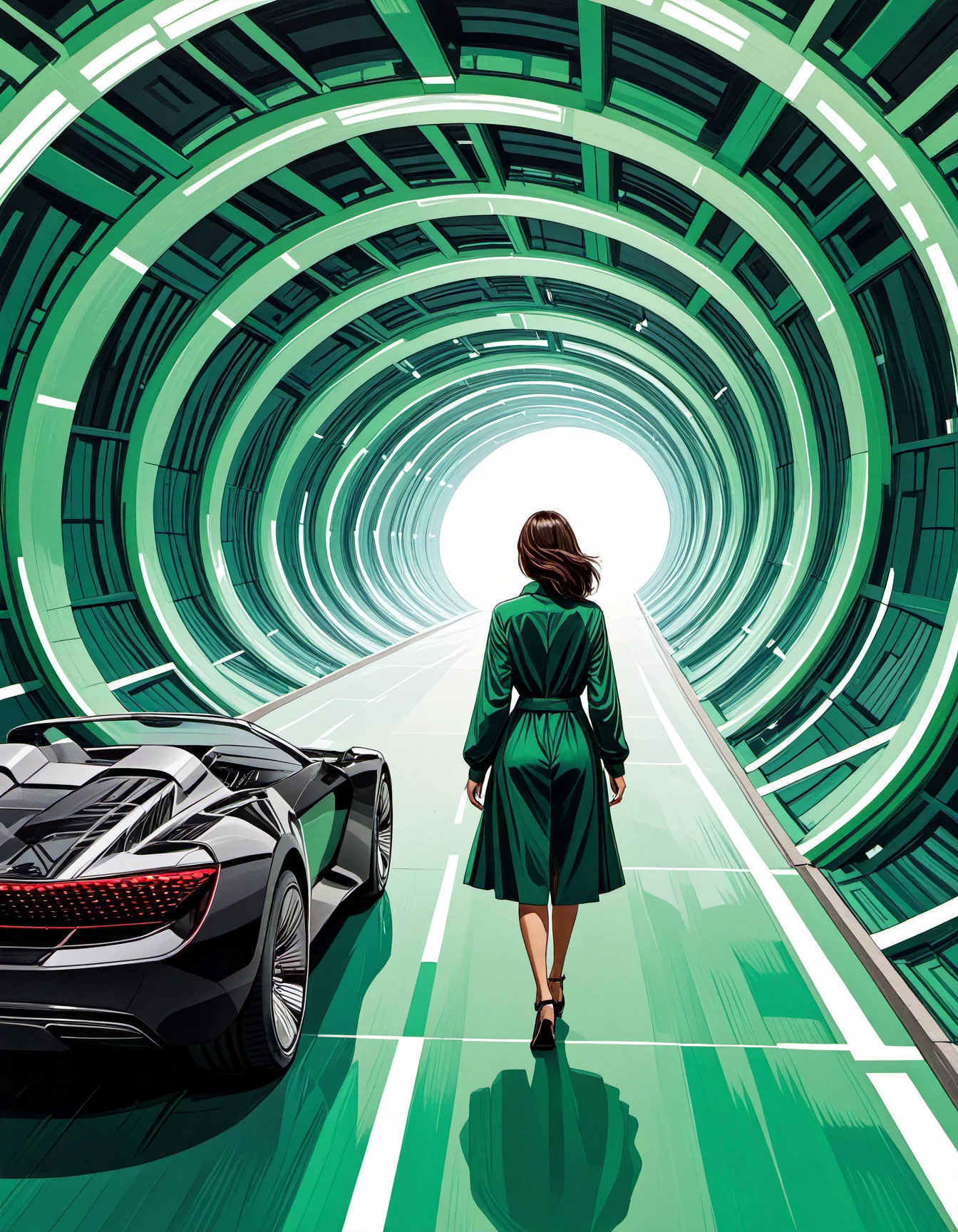 Audi, The image features a black sports car with a convertible top parked, The image features a woman walking down a road, which appears to be a tunnel or a passage. She is wearing a green dress and is the main focus of the scene. The tunnel is surrounded by a car, which is positioned on the left side of the image. The woman seems to be walking towards the car, possibly entering or exiting the tunnel.