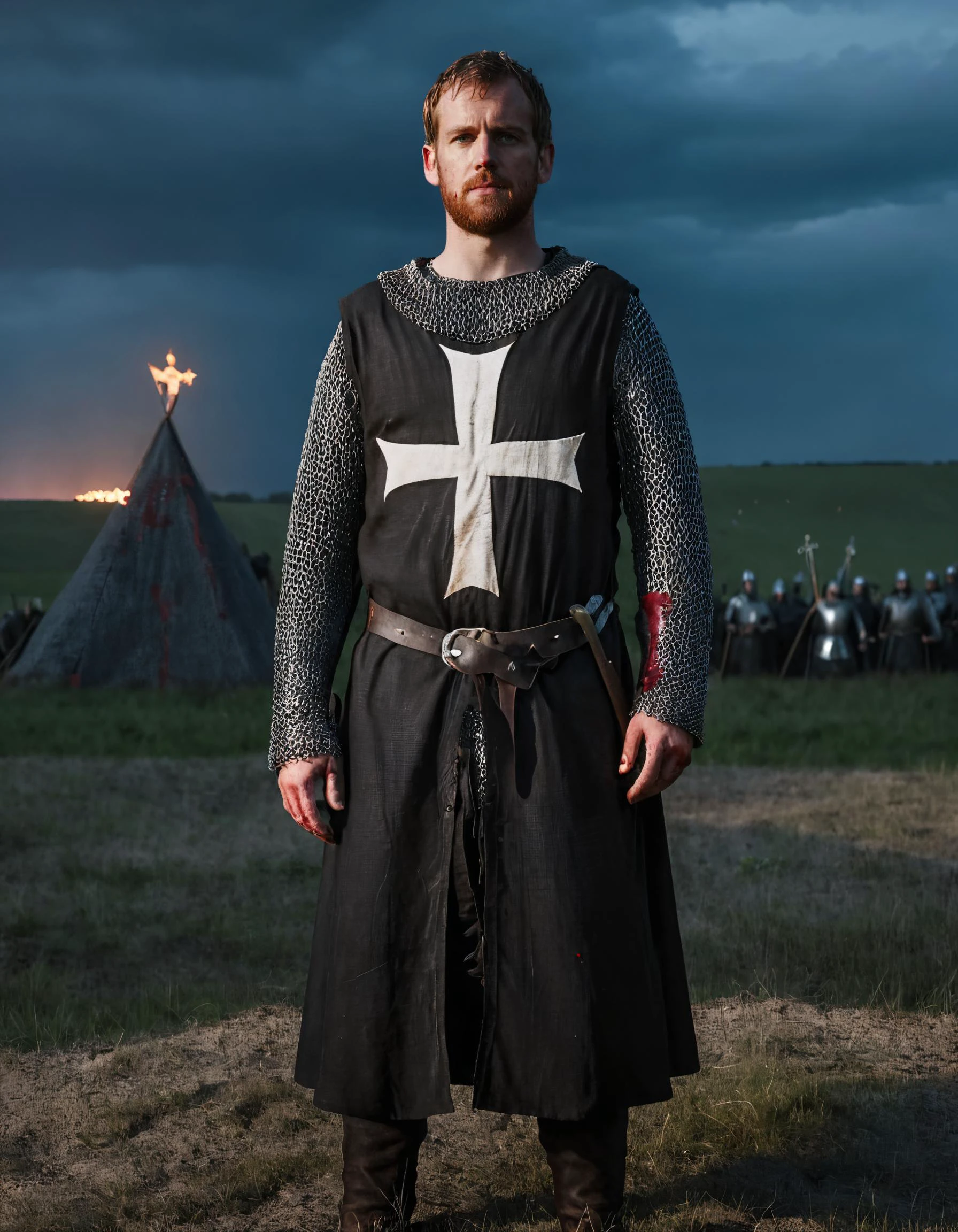 cinematic still of Martin from Belgium wearing black t3mpl4rtunic with a white cross, (chainmail:1.1), standing in front of a bloody battlefield, medieval, epic composition, stunning environment, dim lighting, UHD, dusk, darkness, <lora:templarclothesxl:0.9>, <lora:offset_0.2:0.4>