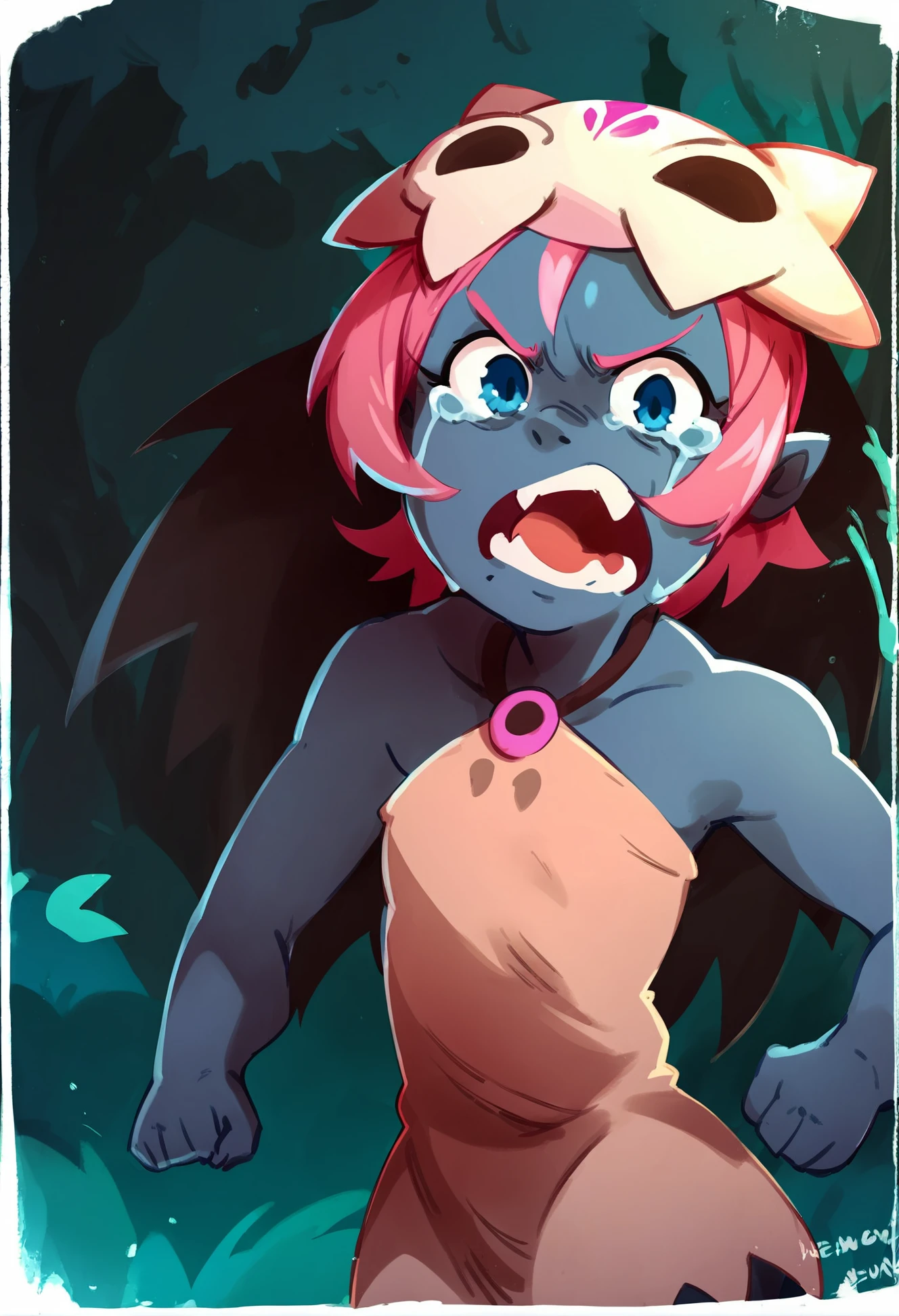 (score_9, score_8_up), score_7_up, score_6_up, score_5_up, score_4_up, Coqueline, 1girl, blue skin, pink hair, blue eyes, skull hat, short beige dress, sleeveless, bare shoulders, halterneck, fleeing, running, open mouth, crying aqua \(meme\), forest, night, dark, followed by wolf, angry wolves, upper body, looking at viewer, ears <lora:Coqueline_XL_Pony:1> <lora:khyle. style:1> khyle.