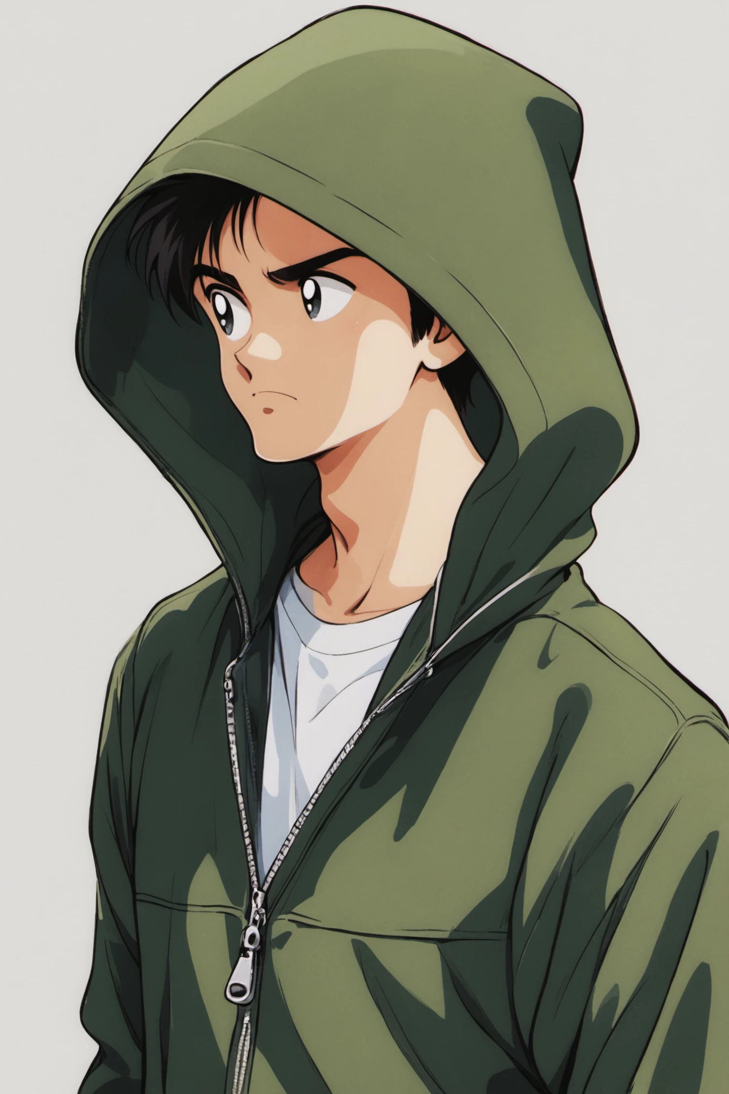 male focus, solo, 1boy, black hair, hood, upper body, simple background, white background, hood down, hoodie, black eyes, closed mouth, looking away, looking to the side, zipper, green jacket, jacket, shirt, white shirt, hooded jacket, frown, retro artstyle, green hoodie,score_9,score_8_up,<lora:Adachi_XL_PONY:0.8>,