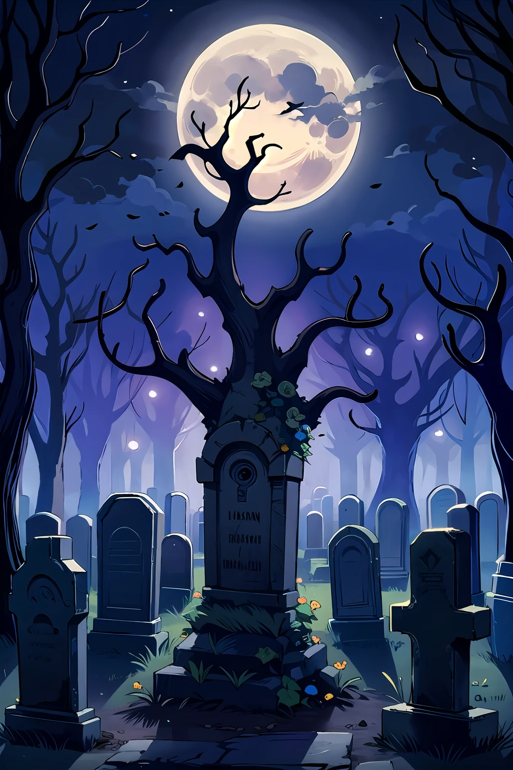 hires,high quality,best quality, graveyard-background, flowers, glowing flowers, night ,graveyard, moon,  <lora:graveyard v1:1>, tombstones, eerie, ominous, forest