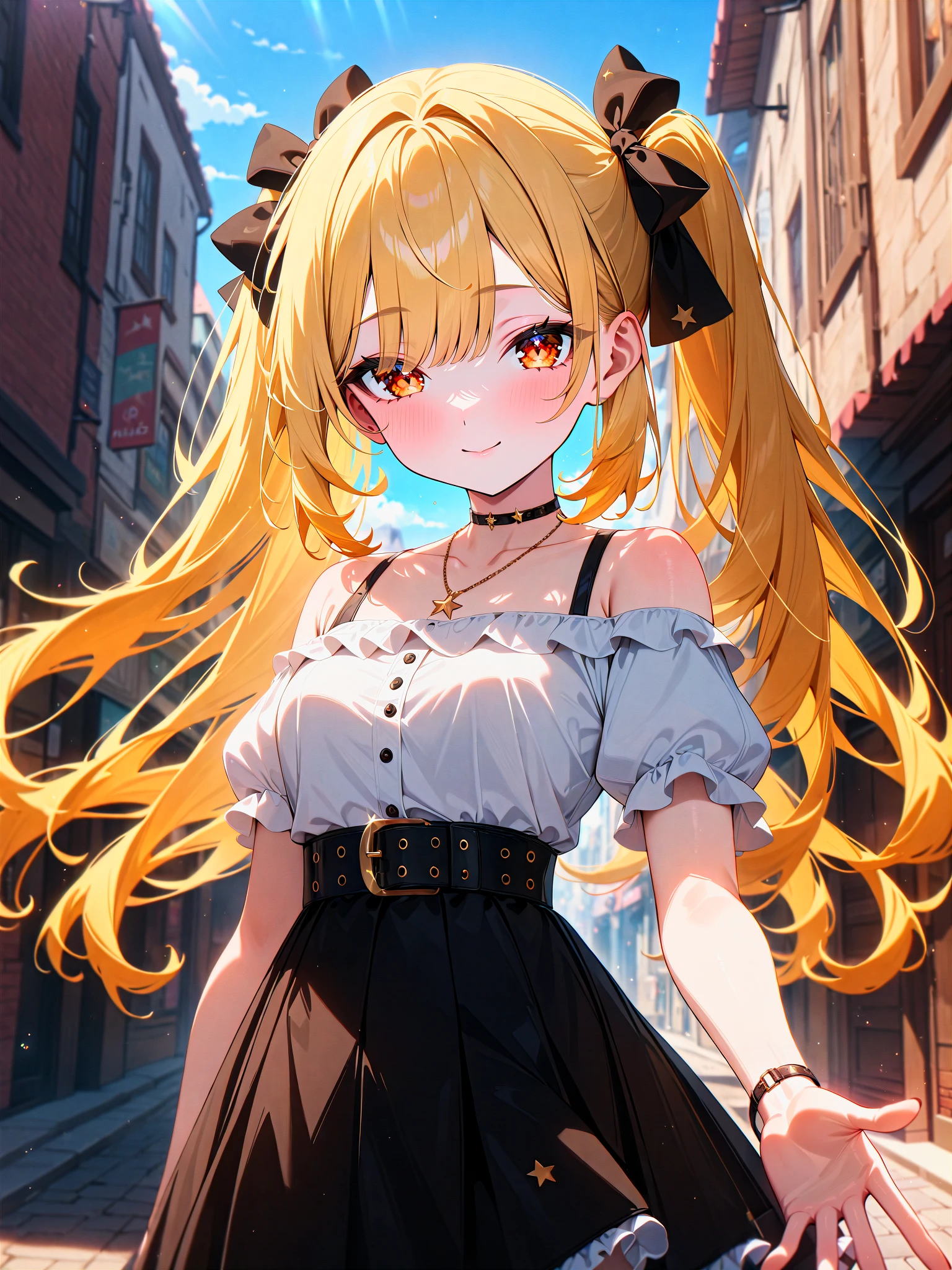 masterpiece, best quality, very aesthetic, absurdres, newest, 
1girl, cute girl, 
************, medium breasts, brown eyes, orange eyes, slanted eyes, teenage,
pale yellow hair, blonde hair, twintails, long hair, eyebrows visible through hair,
white shirt, short sleeves, puffy sleeves, white frills, off shoulder, bare shoulders,
frilled skirt, hair bow, black bow, black skirt, belt, necklace, star \(symbol\),
smile, closed mouth,
street, town, day, blue sky, sun, sunlight, shopping,
reaching out,