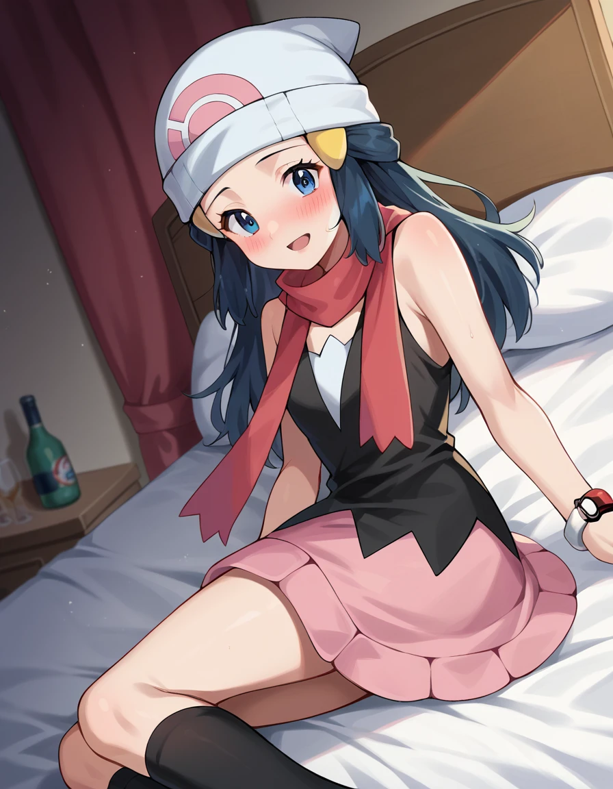 score_9, score_8_up, score_7_up, source_anime,
pokemondawn, <lora:pokemon-dawn-ponyxl-lora-nochekaiser:1>
pokemon dawn, black hair, blue eyes, sidelocks, long hair,
bare shoulders, beanie, black shirt, black socks, bracelet, hat, jewelry, kneehighs, miniskirt, pink skirt, red scarf, scarf, shirt, skirt, sleeveless, sleeveless shirt, white headwear,
indoors, bed, bed room, on side, blush, drunk,
looking at viewer, cowboy shot, dutch angle,