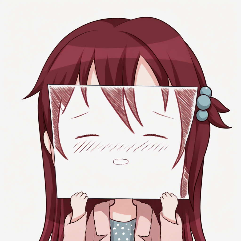 score_9, score_8_up, score_7_up, <lora:PaperLikeFacePony:0.8>
PaperLikeFace, 1girl, solo, long hair, blush, simple background, wearing a dress with polka dots, long sleeves, white background, dress, holding a jacket, closed eyes, upper body, red hair with hair ornament, parted lips, chibi, hands up, open jacket,