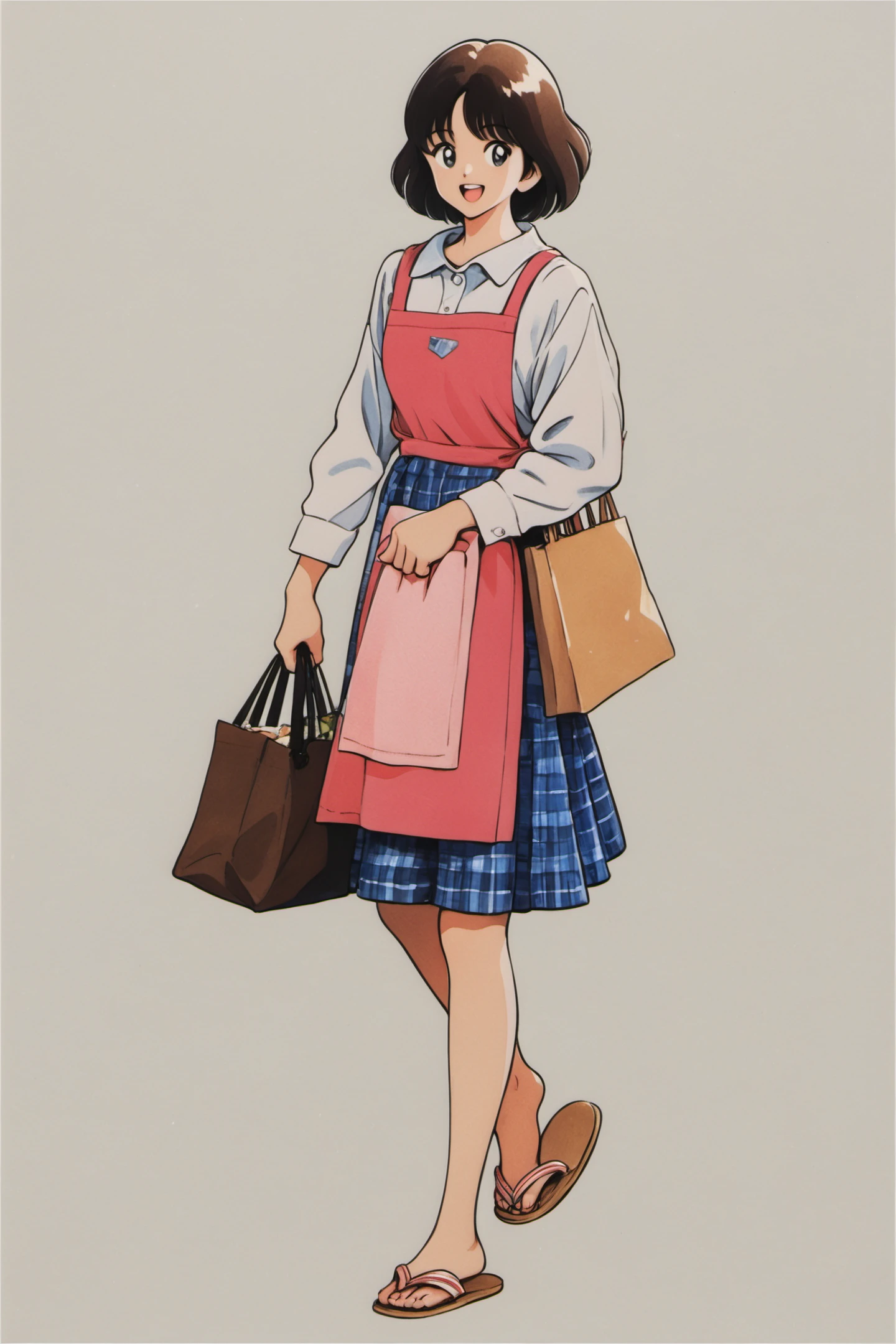 1girl,solo,plaid,short hair,apron,simple background,skirt,sandals,white background,long sleeves,shirt,smile,white shirt,holding,bangs,bag,open mouth,walking,signature,black hair,black eyes,blue skirt,plaid skirt,food,slippers,looking at viewer,brown hair,shopping bag,holding bag,traditional media,score_9,score_8_up,<lora:Adachi_XL_PONY:0.9>,
