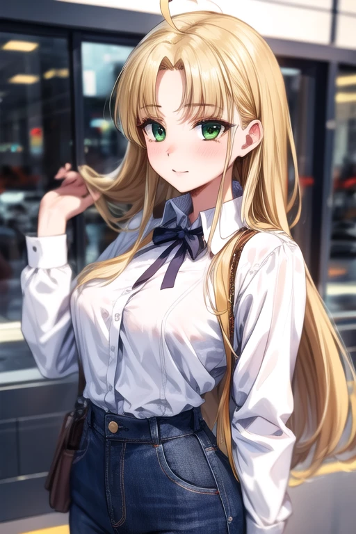 1girl, breasts, solo, long hair, green eyes, ahoge, blonde hair, blunt bangs, parted bangs, white shirt, pants, <lora:asia_argento-10:1>, BREAK
(masterpiece, best quality, ultra detailed, intricate details:1.2), beautiful detailed eyes, solo,  <lora:more_details:0.4>