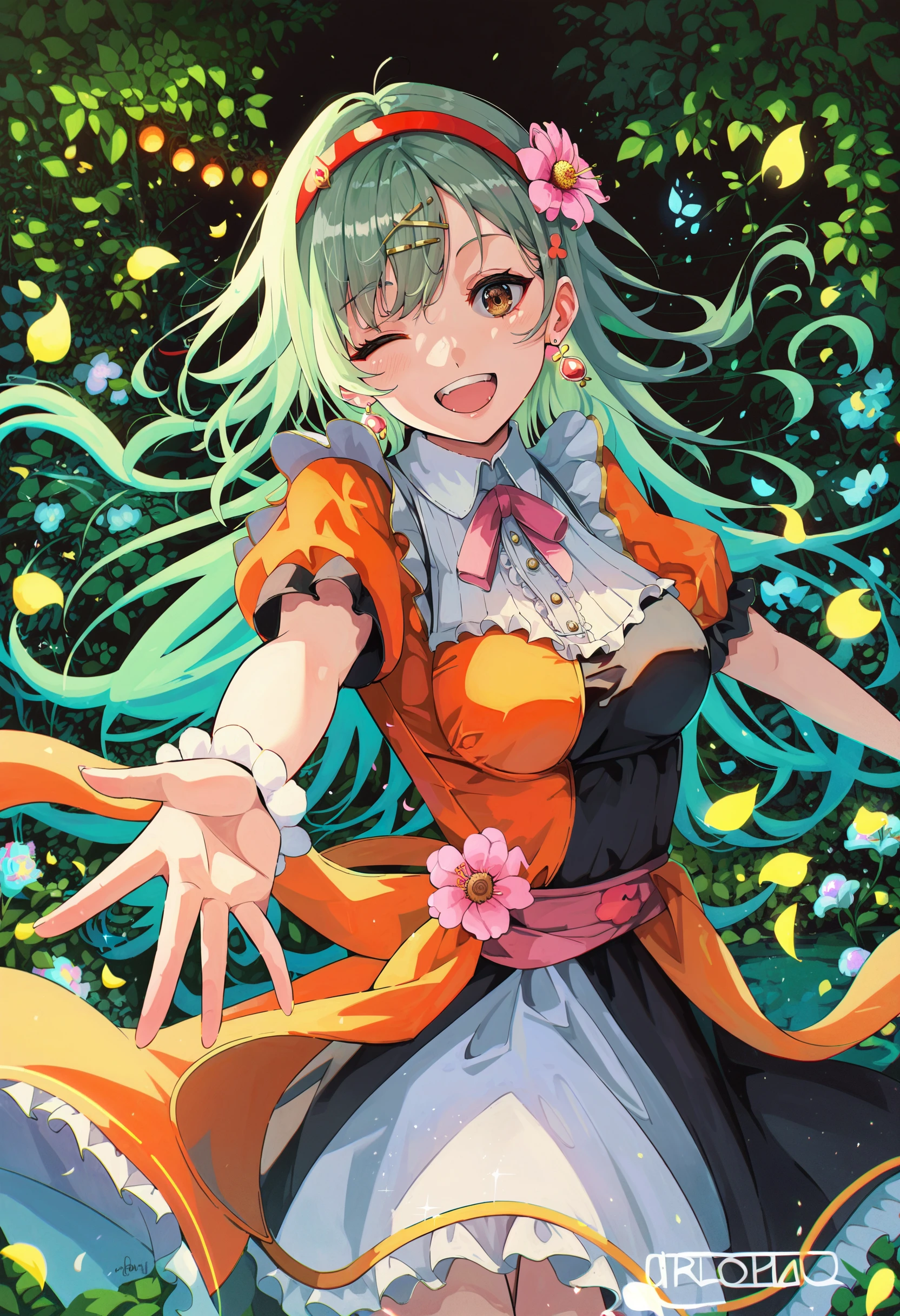score_9,score_8_up,score_7_up,score_6_up,source_anime,<lora:Sakatsuki_Yakumo_XL:1>,1girl,;d,garden,black dress,breasts,brown eyes,cowboy shot,dress,earrings,falling petals,floating hair,flower,flower earrings,flower hairband,foreshortening,frilled dress,frills,green background,green hair,grey background,hair ornament,hairclip,jewelry,logo,long hair,looking at viewer,medium breasts,multicolored background,multicolored sash,neck ribbon,one eye closed,open mouth,orange dress,outline,outstretched arm,petals,pink dress,pink flower,pink ribbon,puffy short sleeves,puffy sleeves,reaching,reaching towards viewer,red background,ribbon,short sleeves,single sidelock,sleeveless,sleeveless dress,smile,solo,split theme,straight hair,teeth,upper teeth only,white outline,wide sleeves,