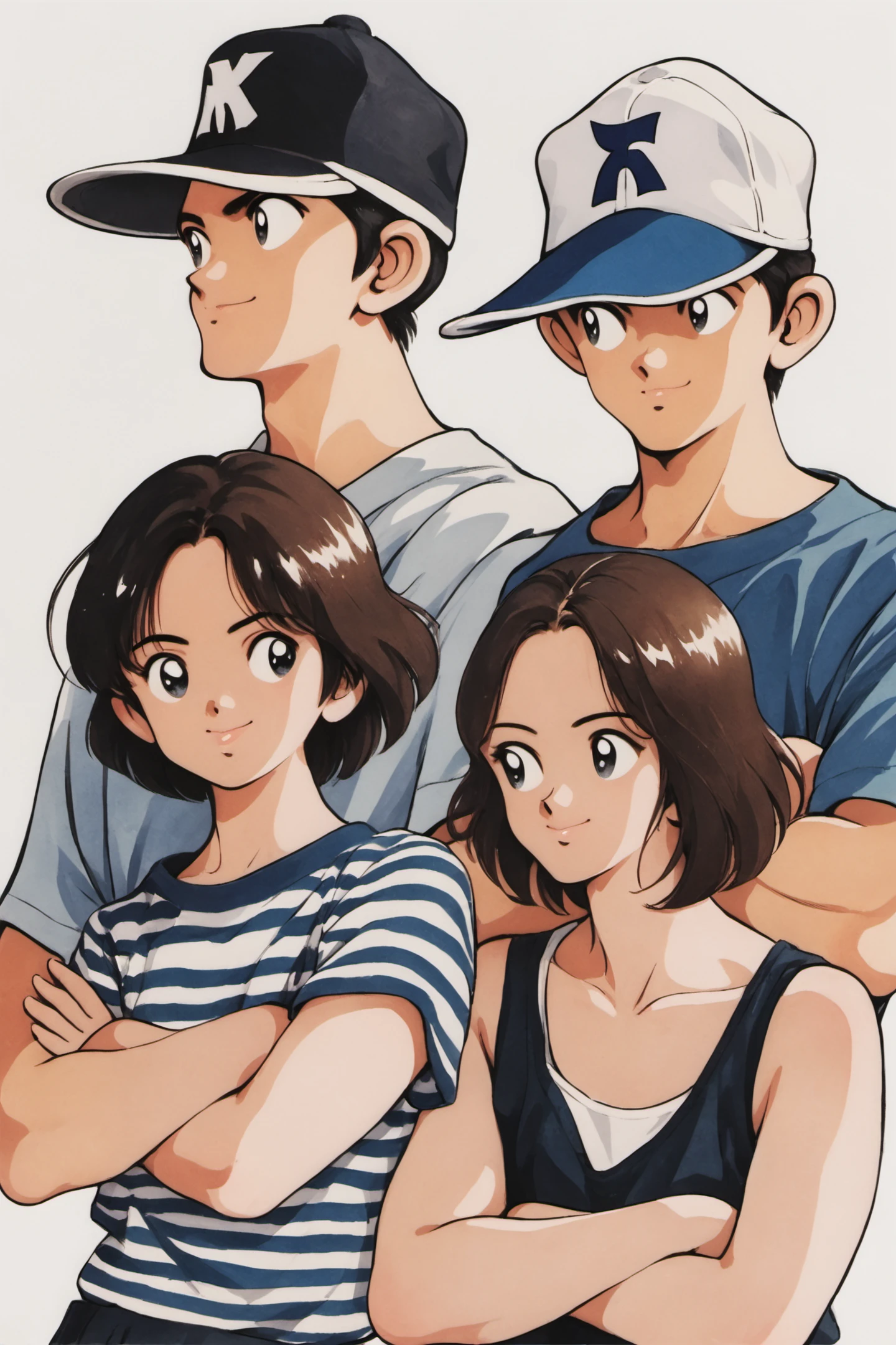 hat,2girls,multiple girls,black hair,multiple boys,2boys,baseball cap,short hair,medium hair,shirt,tank top,upper body,smile,closed mouth,striped,striped shirt,simple background,crossed arms,brown hair,black eyes,white background,skirt,traditional media,score_9,score_8_up,<lora:Adachi_XL_PONY:0.9>,