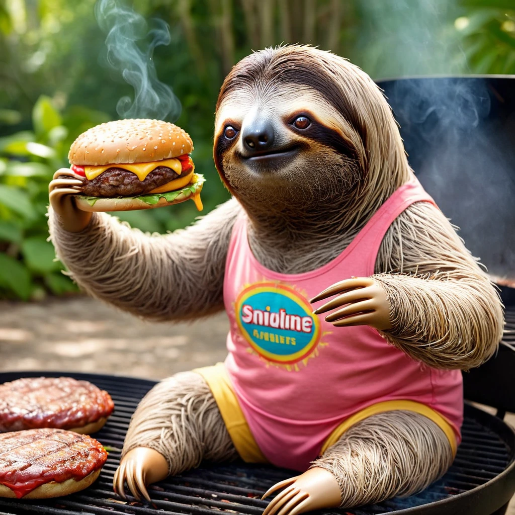 <lora:sl0th-000007:0.7> , sloth wearing tank top shorts and sandals, proudly grilling burger patties
