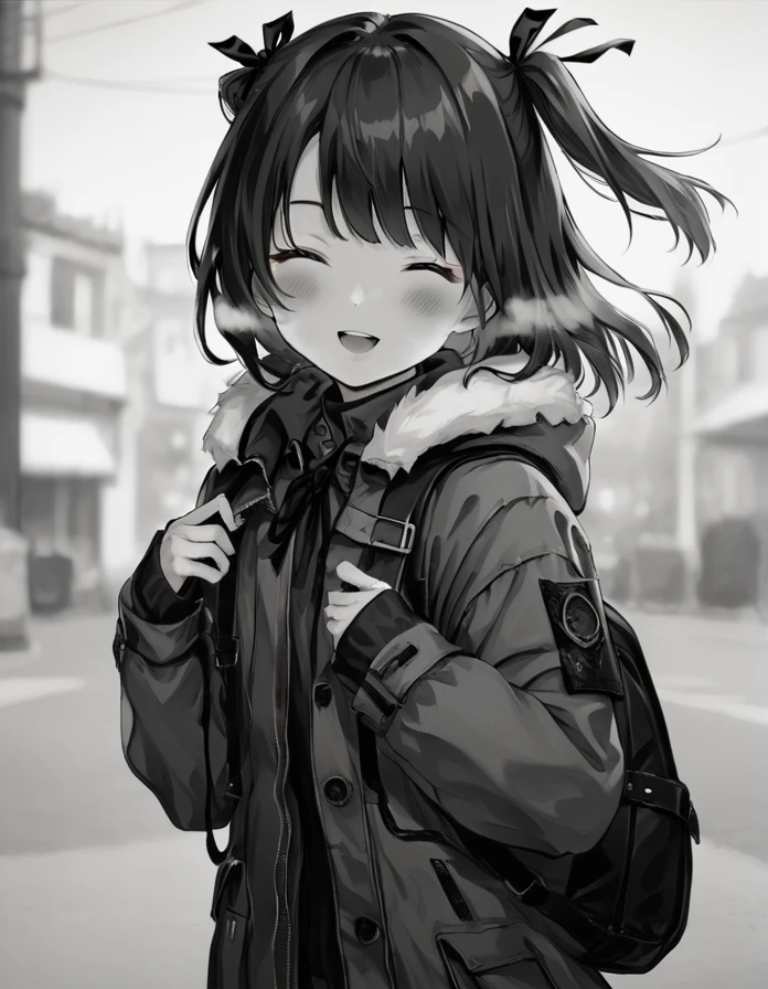 score_9, score_8_up, score_7_up, <lora:LowKeyLightsPony:0.6>LowKeyLights,
1girl,solo,blush,smile,open mouth,bangs,long sleeves,ribbon,jacket,monochrome,closed eyes,hair ribbon,upper body,greyscale,outdoors,open clothes,teeth,hood,bag,open jacket,two side up,coat,sleeves past wrists,fur trim,depth of field,blurry background,backpack,hood down,breath,hooded jacket,facing viewer,holding strap,fur-trimmed hood