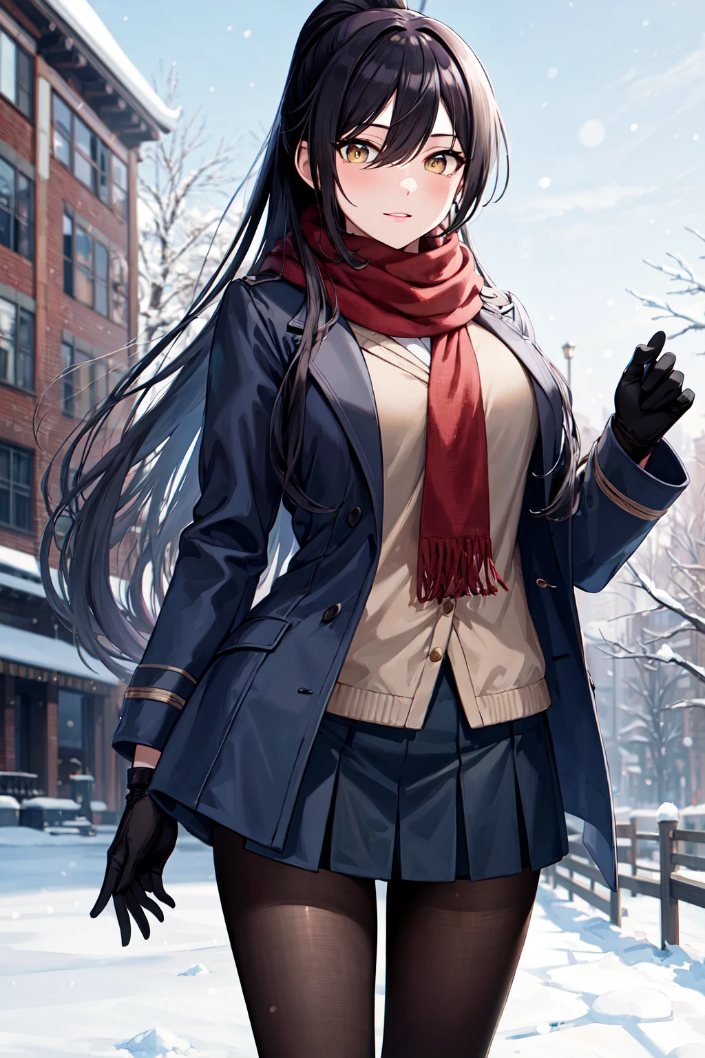 masterpiece, best quality, highres, aasakuya, long hair, high ponytail, breasts, <lora:shirase_sakuya_v1:0.7>, snow, winter clothes, scarf, gloves, skirt, pantyhose, outdoors, standing, cowboy shot,
