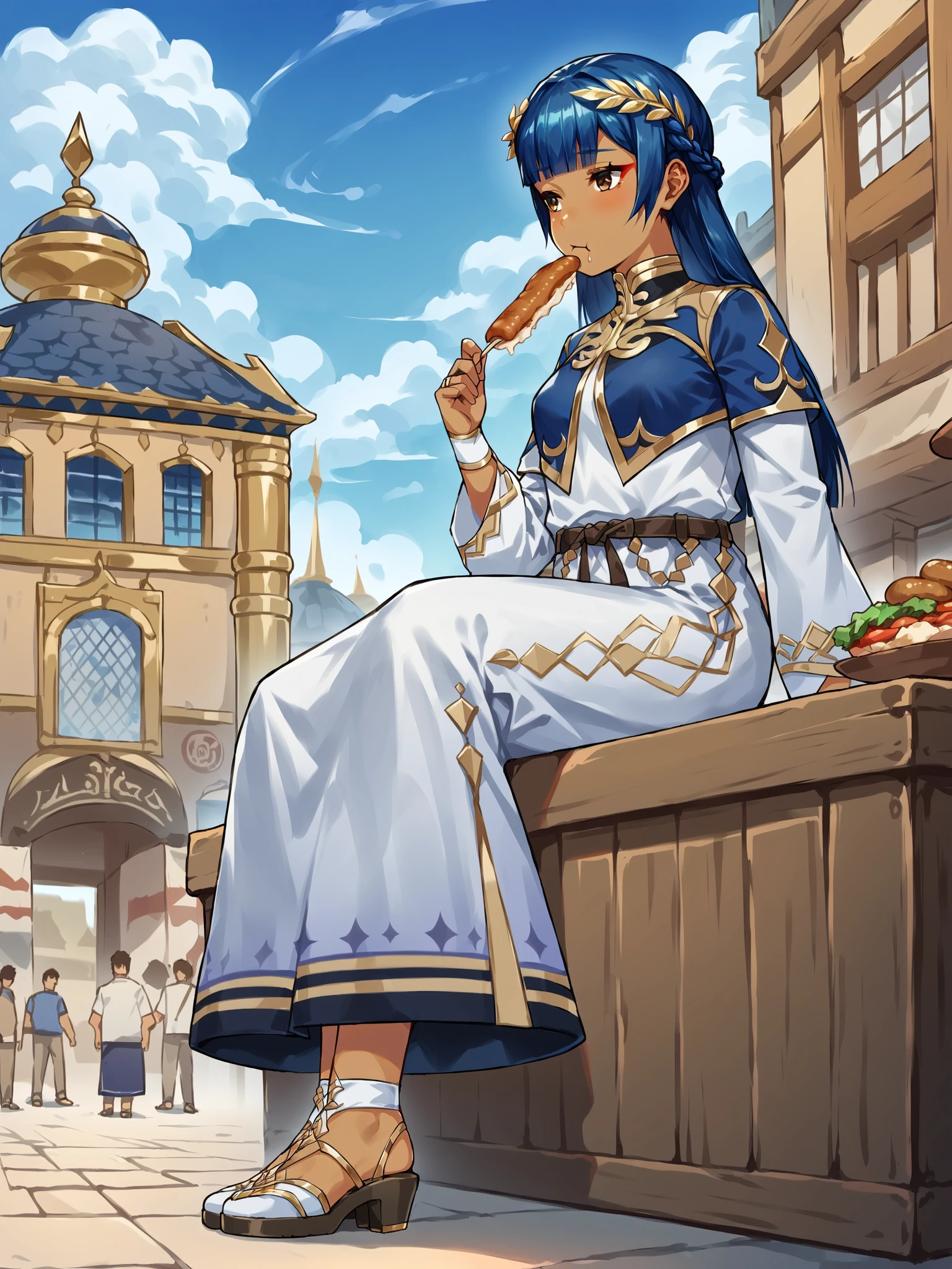 score_9, score_8_up, score_7_up, score_6_up, source_anime, BREAK
1girl, solo, <lora:Genshin_NPC_Setaria_Pony_v1:0.8>, (beautiful scenery, ultra-detailed, arabic buildings, indian architecture, marketplace, crowds, outdoors:1.5), (young, cute, pretty:1.2), detailed face, detailed eyes, dark-skinned female, blue hair, blunt bangs, long hair, brown eyes, makeup, crown braid, laurel crown, (long dress:1.5), (capelet:1.3), belt, (long sleeves:1.1), gold trim, bridal gauntlets, long hair,(sandals:1.1), thin waist, (wide hips:1), (sitting on a bench:1.1), looking away, (eating kebab:1.25), from below,