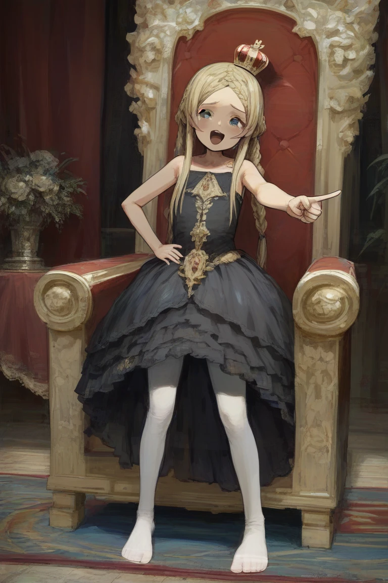 score_9, score_8_up, score_7_up, rating_safe, absurdres BREAK 1girl, (laughing, open mouth, tearing up:1.2), (foreshortening, pointing at viewer:1.2), blonde hair, braided bangs, long hair, gold mini crown, blue eyes, flat chest, black dress, white pantyhose, barefoot, standing, (full body, very wide shot:1.2), hand on own hips, royal throne, luxurious living room