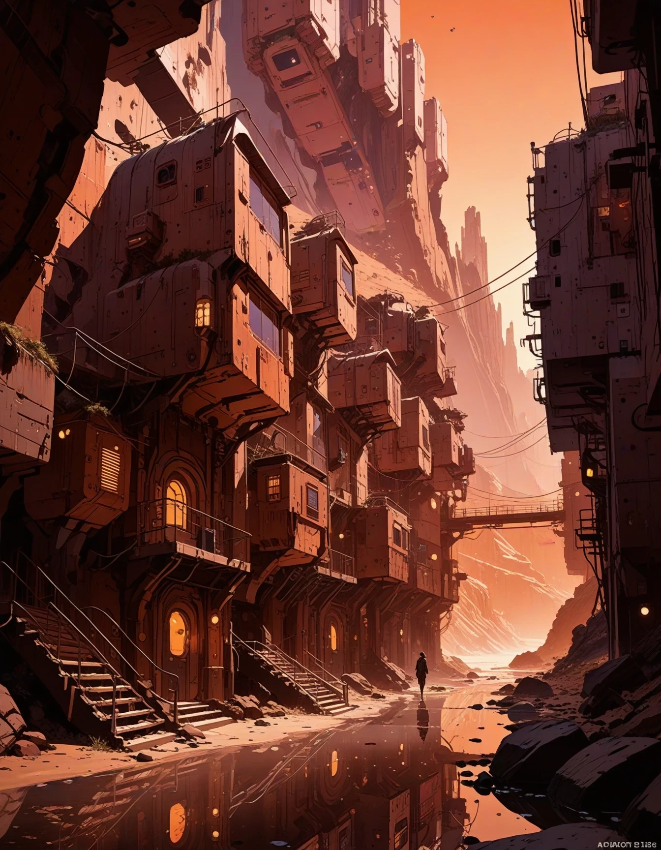 A stunning vision of a Subterranean Sci-Fi village hidden within a Far Side Observatory Zone. The artstyle features a fusion of retro-futuristic elements reminiscent of Syd Mead's renowned concept art, combined with the surrealistic charm of Salvador Dali's classic paintings. The color palette consists of rich, vibrant hues inspired by the neon lights of Blade Runner, infused with the cool, atmospheric tones of 2001: A Space Odyssey. The image captures the essence of a thriving community of scientists and adventurers living beneath the Earth's surface, where advanced technology and arcane knowledge coexist in harmony.