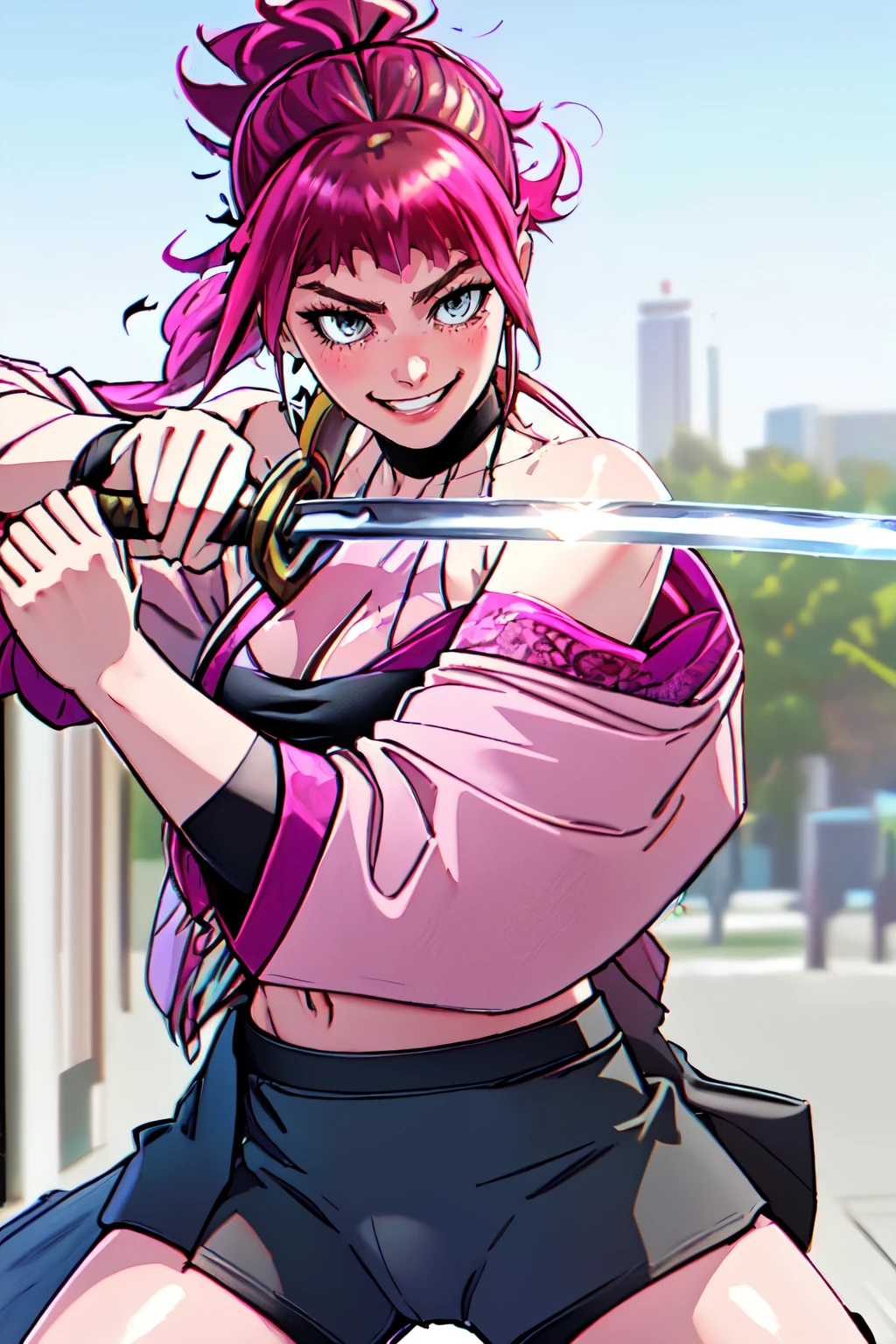 beautiful eyes, beautiful girl, high detail skin, high detail eyes, high detail hair, highres, ultra detailed, sharpen picture, Highly detailed, masterpiece, best quality, photorealistic,
<lora:Female NobunagaLora:0.9>1girl, short hair, bangs, black choker, short ponytail, bare shoulders, earrings, pink see through cleavage, purple kimono, off shoulder, black tube top, bracelet, midriff, black bike shorts, underboob, holding sword on grip, katana, dynamic fighting pose, dual wield, grin