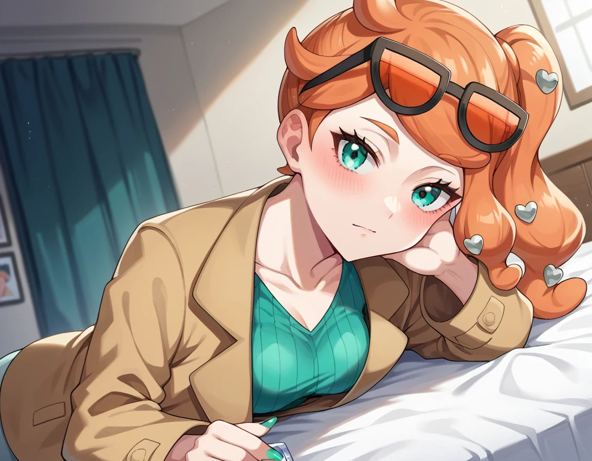 score_9, score_8_up, score_7_up, source_anime,
pokemonsonia, <lora:pokemon-sonia-ponyxl-lora-nochekaiser:1>
pokemonsonia, aqua eyes, heart, heart hair ornament, long hair, long sleeves, orange hair, side ponytail, swept bangs,
aqua footwear, aqua nails, aqua shirt, brown coat, brown jacket, coat, collarbone, eyewear on head, jacket, long sleeves, orange-tinted eyewear, pants, ribbed shirt, shirt, sunglasses, tinted eyewear,
indoors, bed, bed room, on side, blush, drunk,
looking at viewer, cowboy shot, dutch angle,