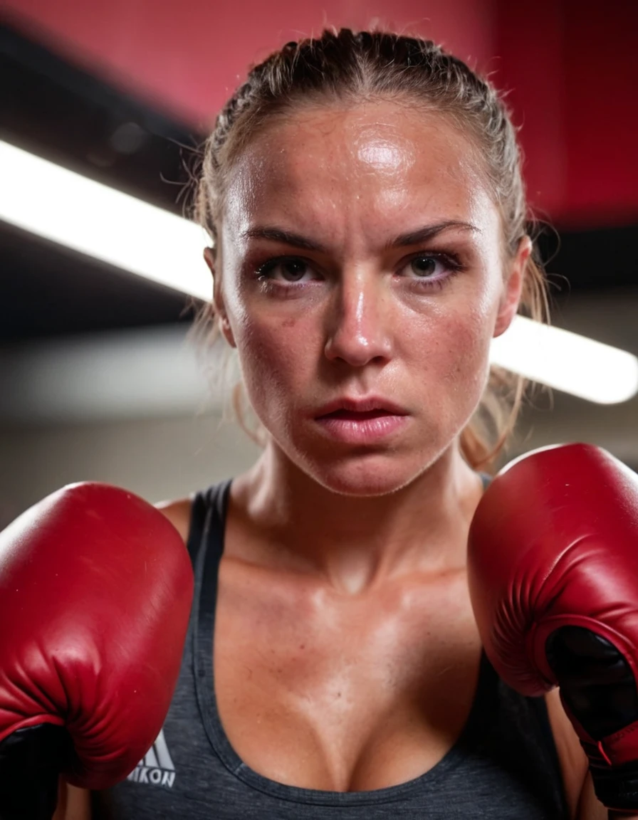 A photo of a (focused athlete:1.3), (intensity in her eyes:1.2), (red boxing gloves:1.1), determined expression, (sweat-glistened skin:1.1), dark gym backdrop, (raw determination:1.2), close-up, ambient gym lighting, shallow depth of field, Nikon D850, 1/160s, f/2.8, ISO 640, capturing emotion, athletic form, high-resolution, dramatic atmosphere.