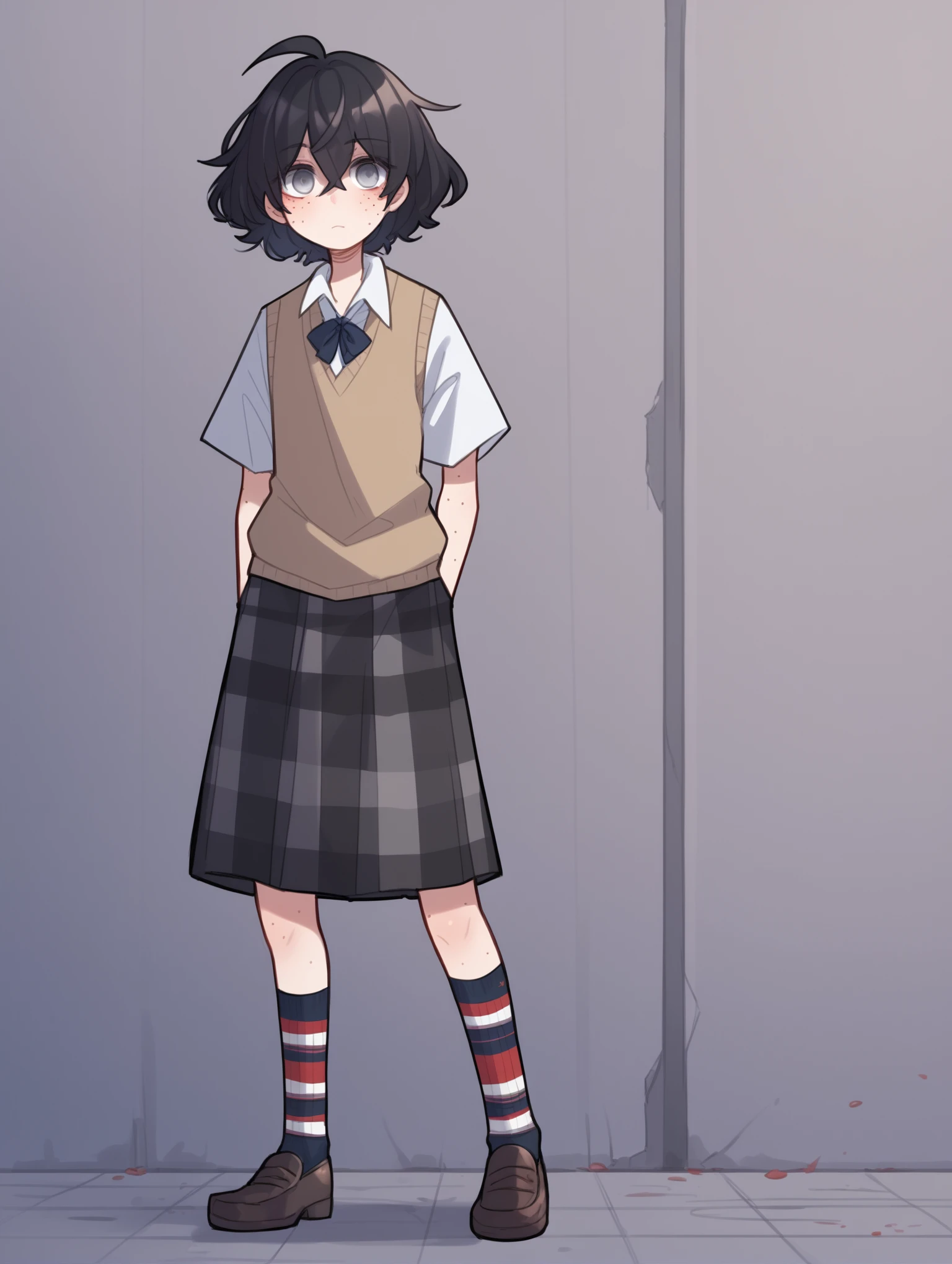score_9, score_8_up, score_7_up, score_6_up, score_5_up, score_4_up, source_anime, BREAK
1girl, solo, looking at viewer, <lora:PopokaXL:1> popokaxl, black hair, white shirt, sweater vest, plaid skirt, socks, different colored socks, loafers, freckles, grey eyes, empty eyes, blind girl, standing,