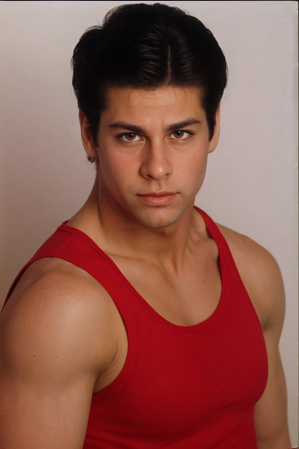 headshot photo of ryanperson <lora:ryan_epoch_5:0.8> wearing red tanktop, white background