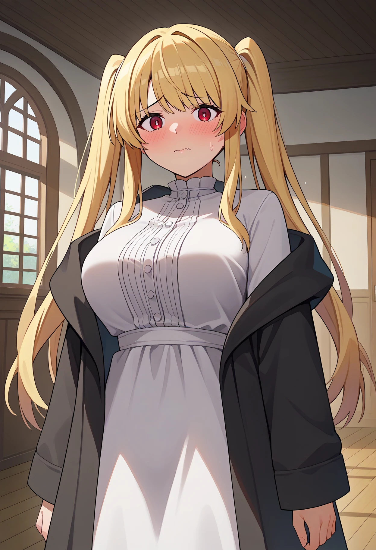 score_9, score_8_up, score_7_up, source_anime, 1girl, fern \(sousou no frieren\), large breasts, blonde hair, long hair, twintails, red eyes, swept bangs, open robe, long dress, looking at viewer, embarrassed, indoors <lora:brj-fern-pony-v0.5:1>