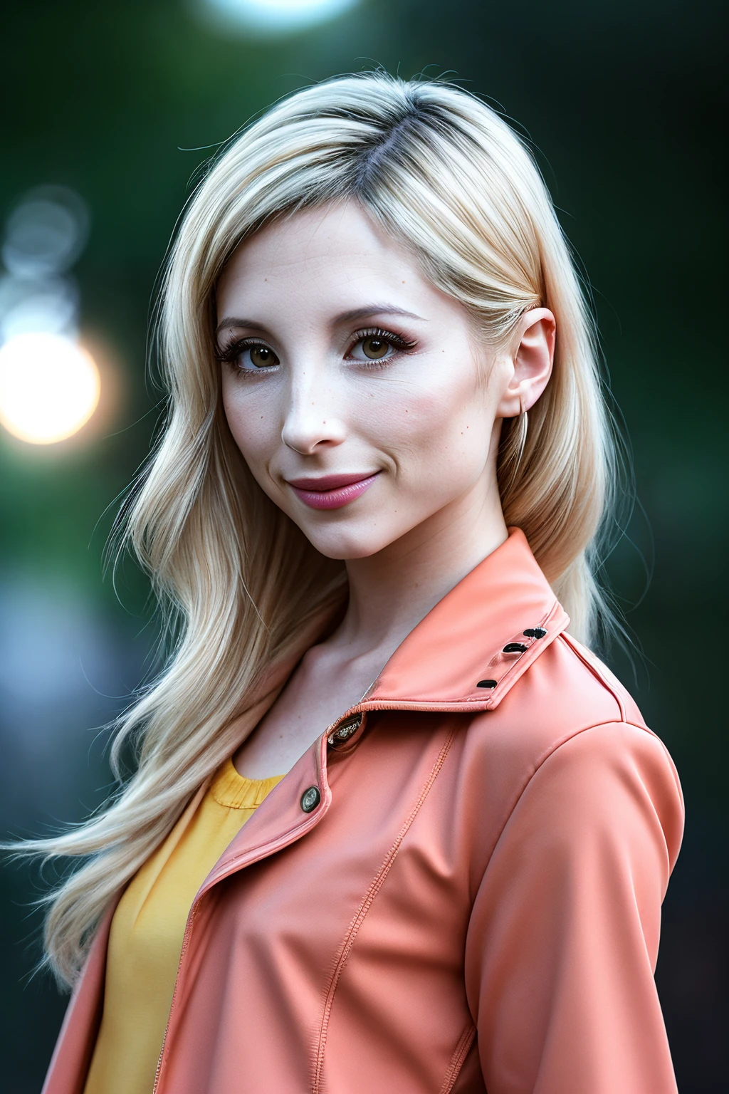 PiperP_SoloTI_v1, PA7_Portrait-MCU,(happy,smile), (modern photo, Tiger Orange yellow raincoat:1.1), closeup portrait, 85mm, (analog, cinematic, film grain, hazy atmosphere:1.3), ((outside, rivendell background, sunset:1.2)), detailed eyes, (painted lips), (seductive), (looking at viewer), earrings, (cinematic shot:1.3), <lora:add_detail:0.6>, <lora:LowRa:0.6>,